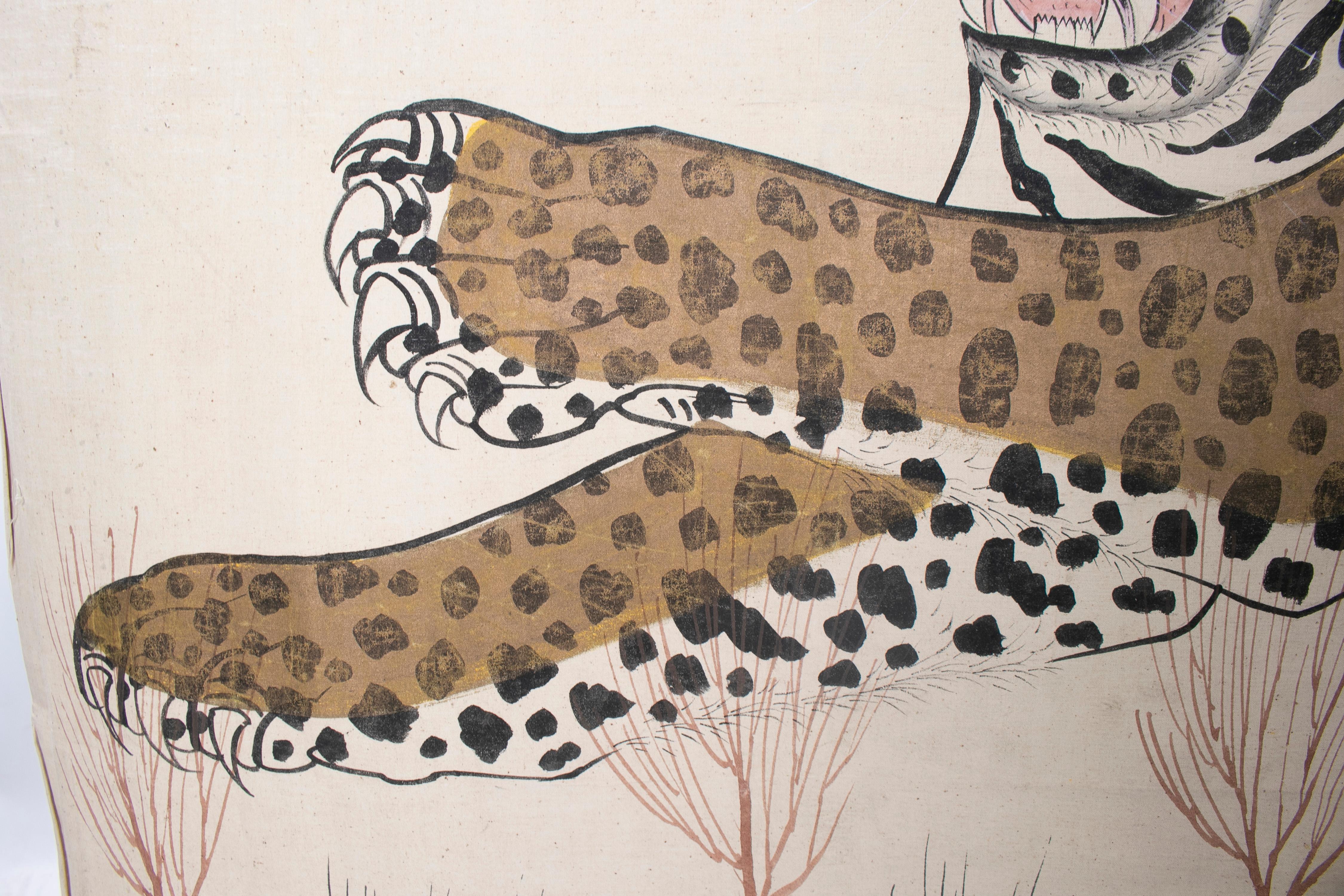 Hand-Painted 1970s Jaime Parlade Designer Hand Drawn Cheetah on Canvas