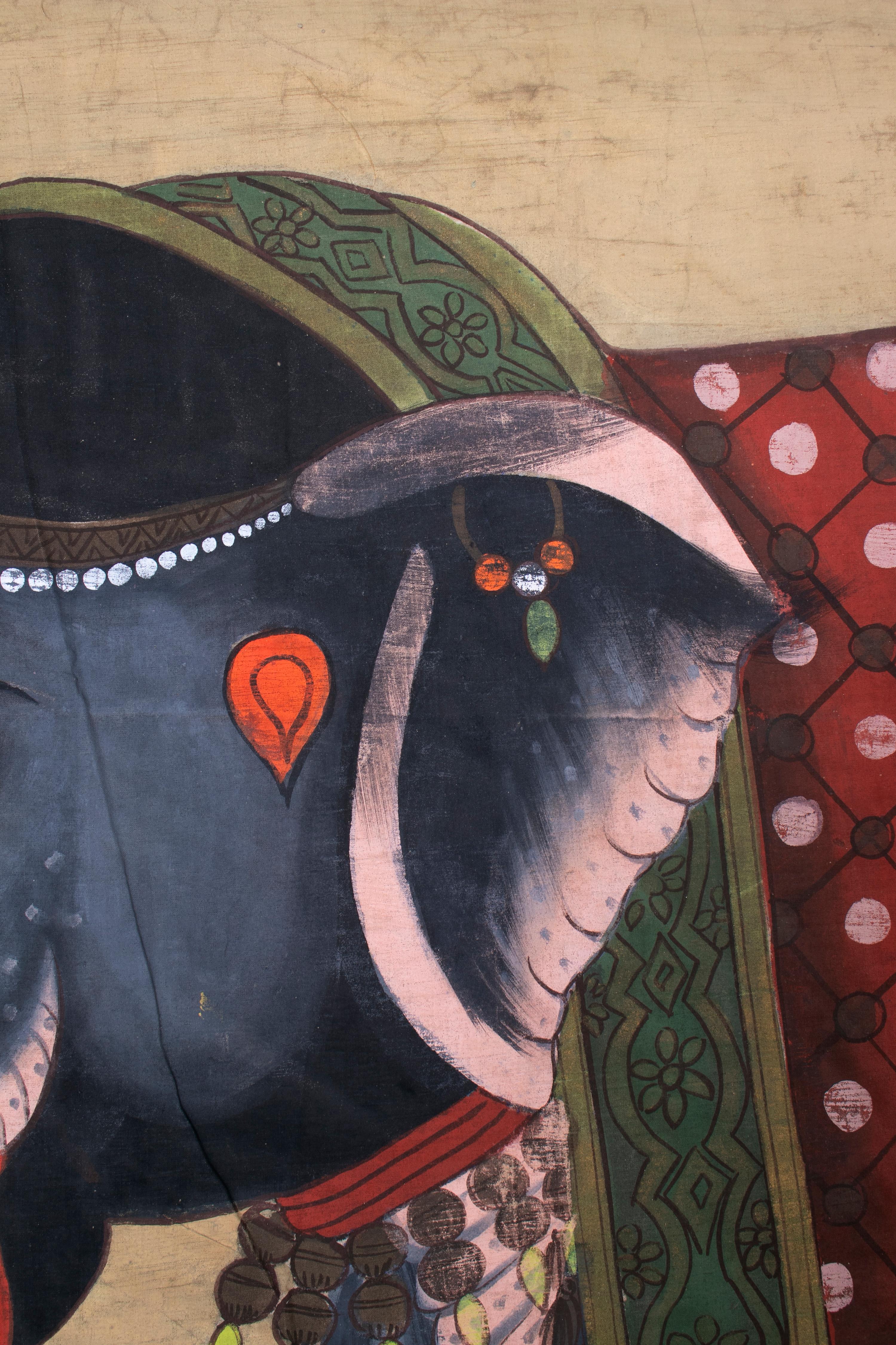 Hand-Painted 1970s Jaime Parlade Designer Hand Drawn Elephant on Canvas