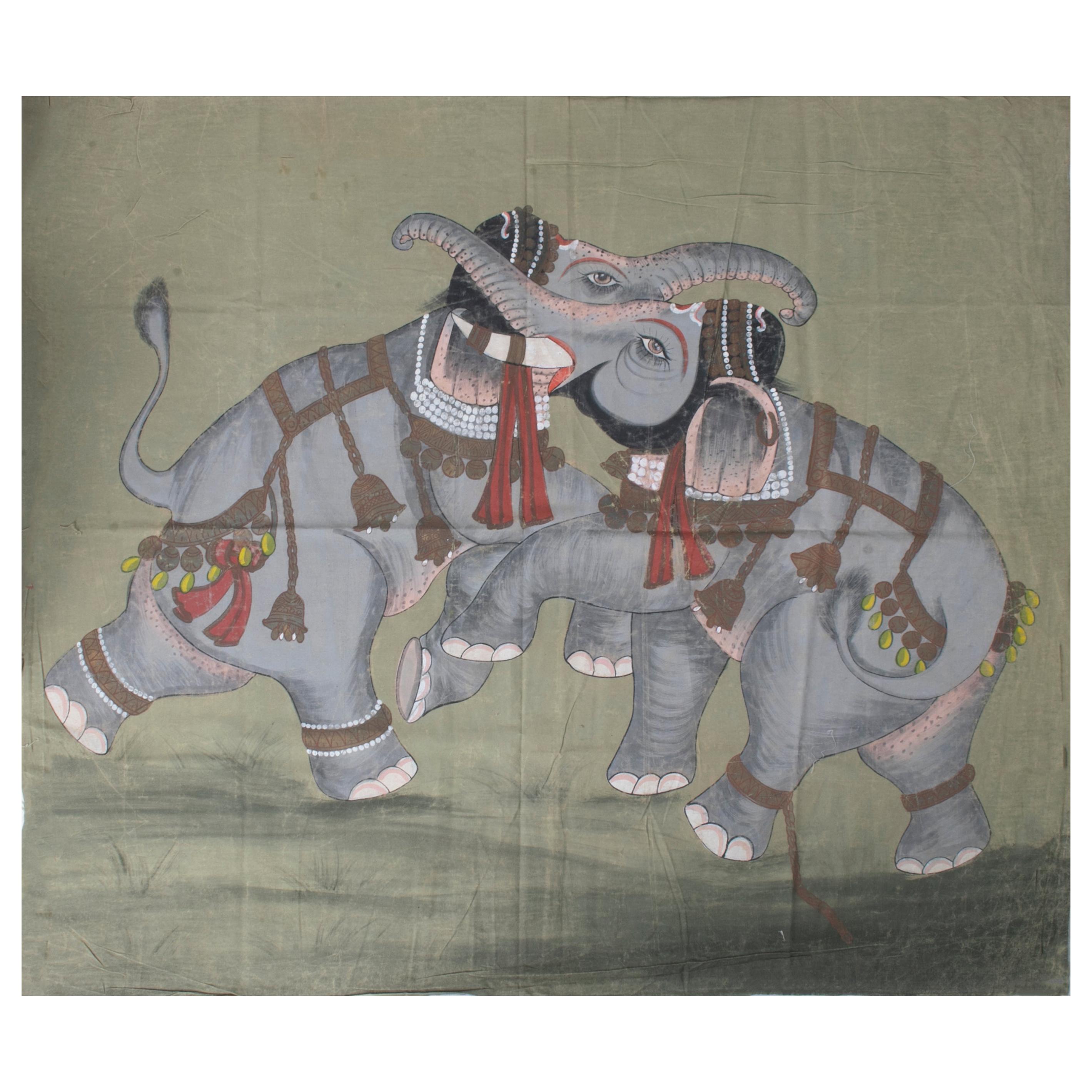 1970s Jaime Parlade Designer Hand Drawn Pair of Elephants on Canvas