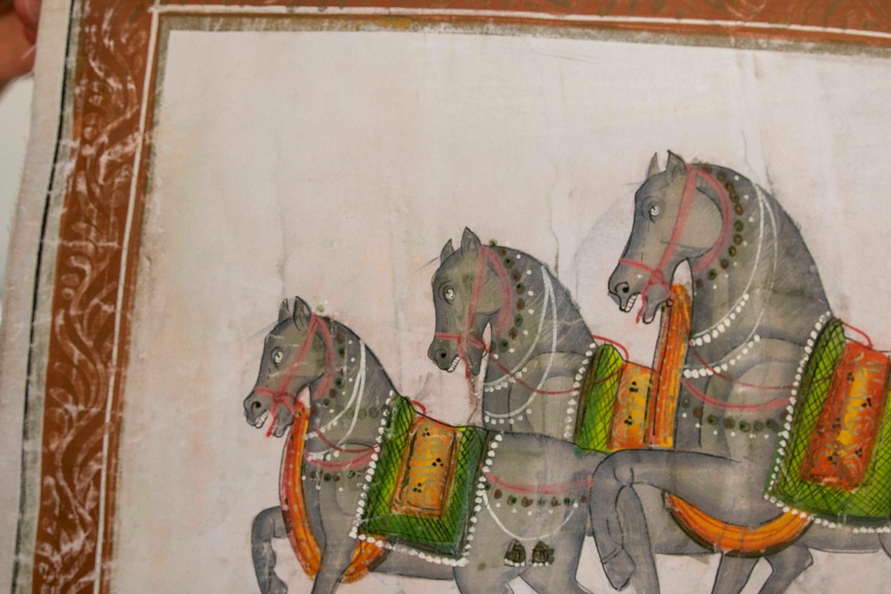 Indien Peinture à l'huile sur toile des années 1970 du designer Jaime Parlade représentant des chevaux en train de marcher  en vente