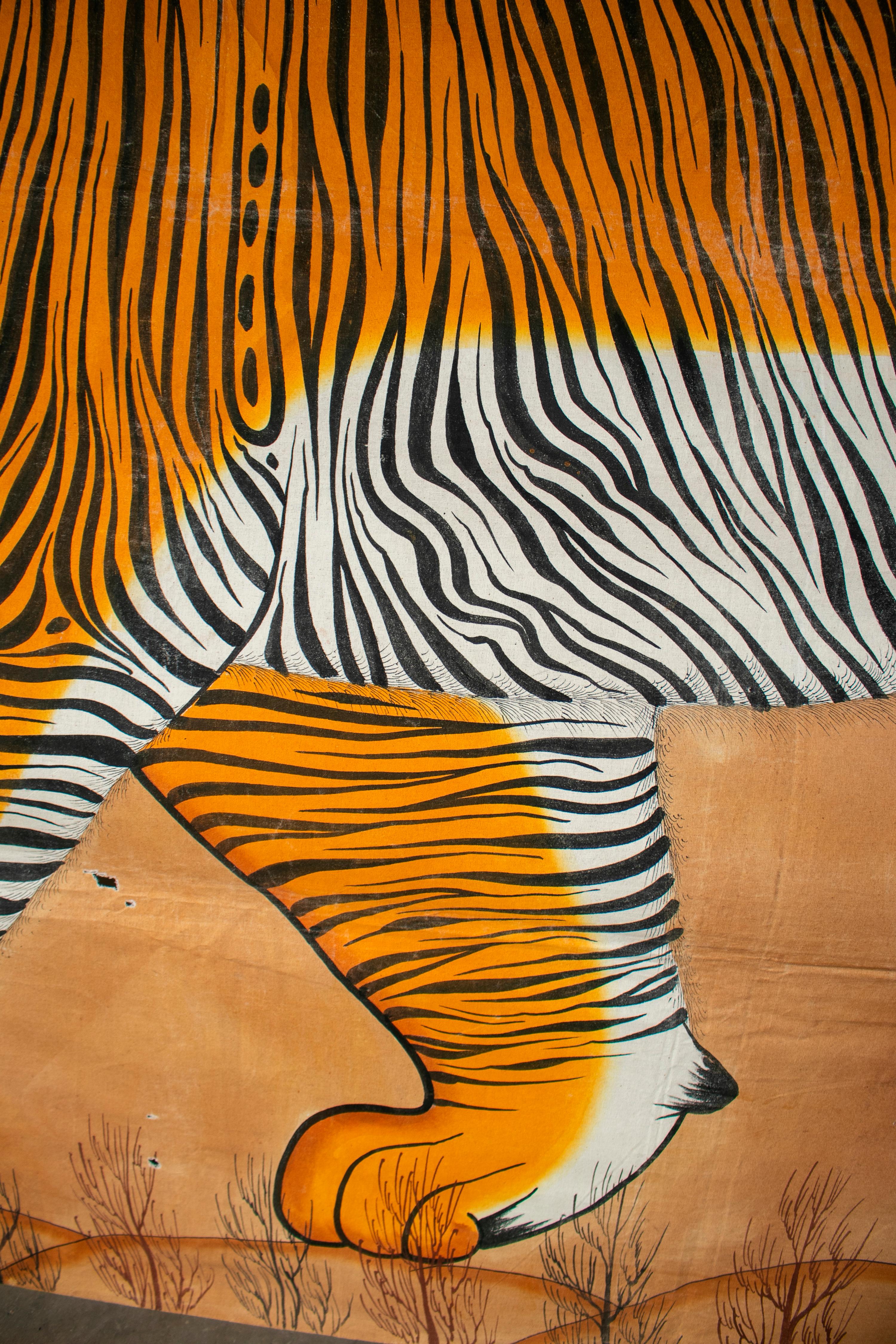 1970s Jaime Parlade Designer Huge Hand Drawn Tiger on Canvas 2