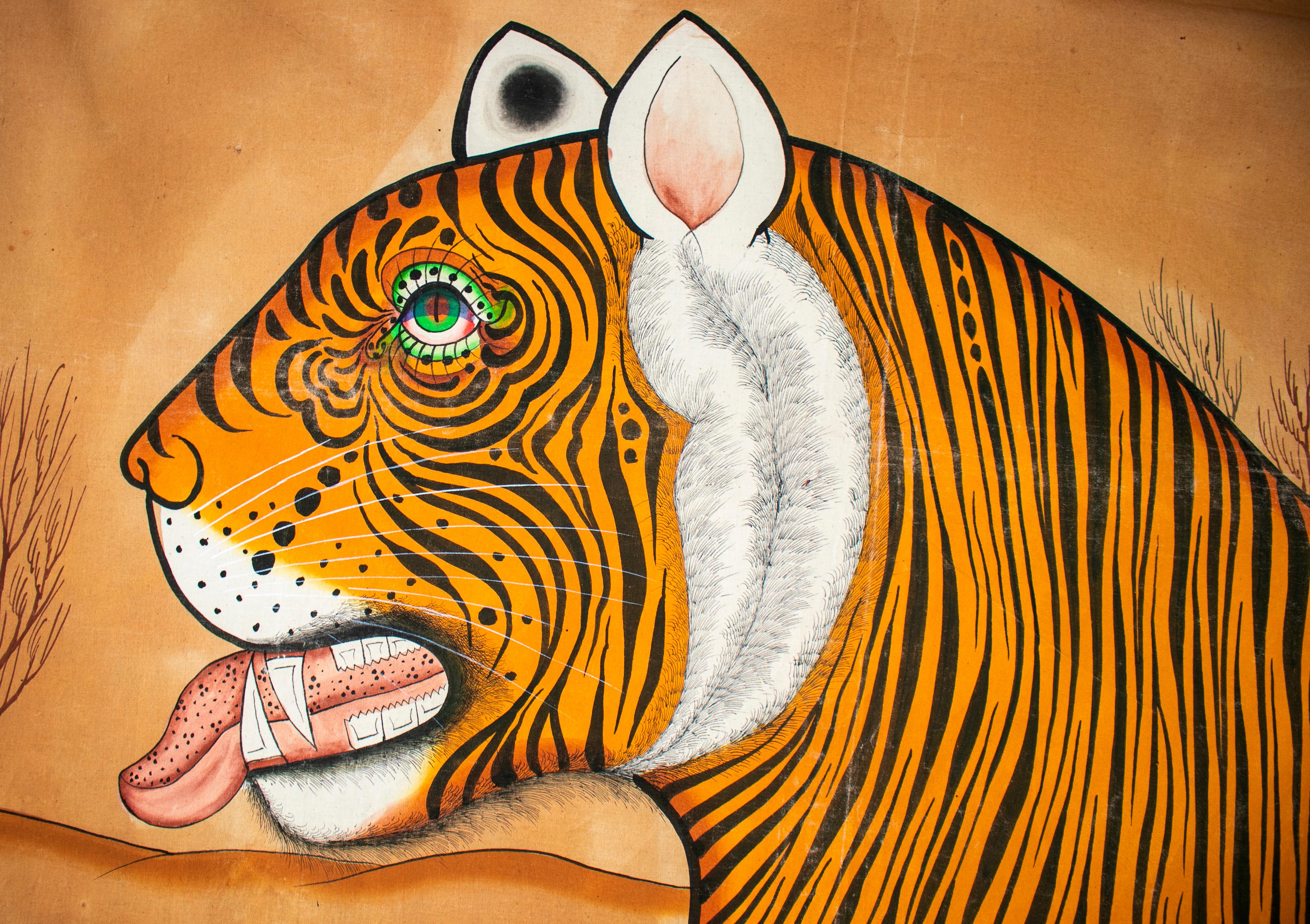 1970s Jaime Parlade designer huge hand drawn tiger on canvas.