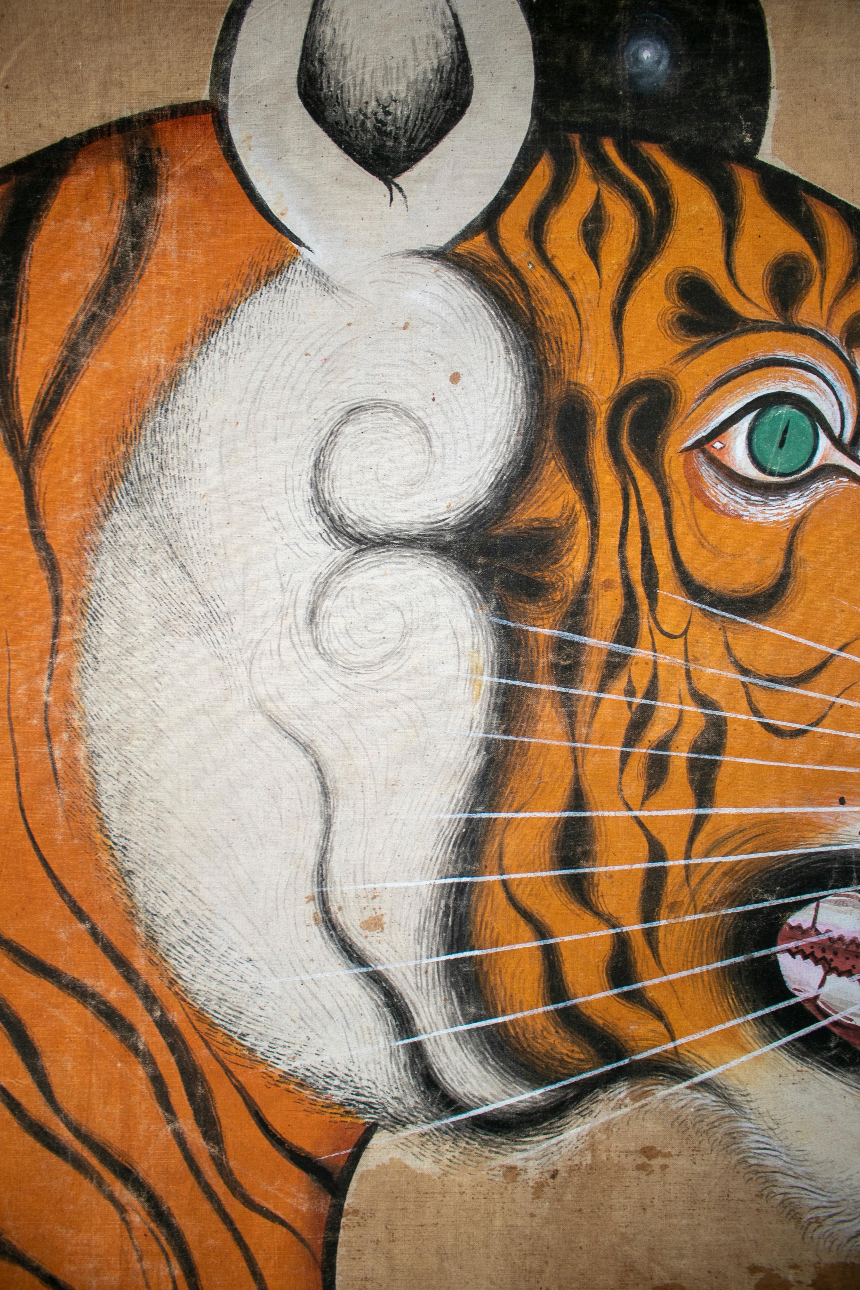 Indian 1970s Jaime Parlade Designer Huge Hand Drawn Tiger on Canvas