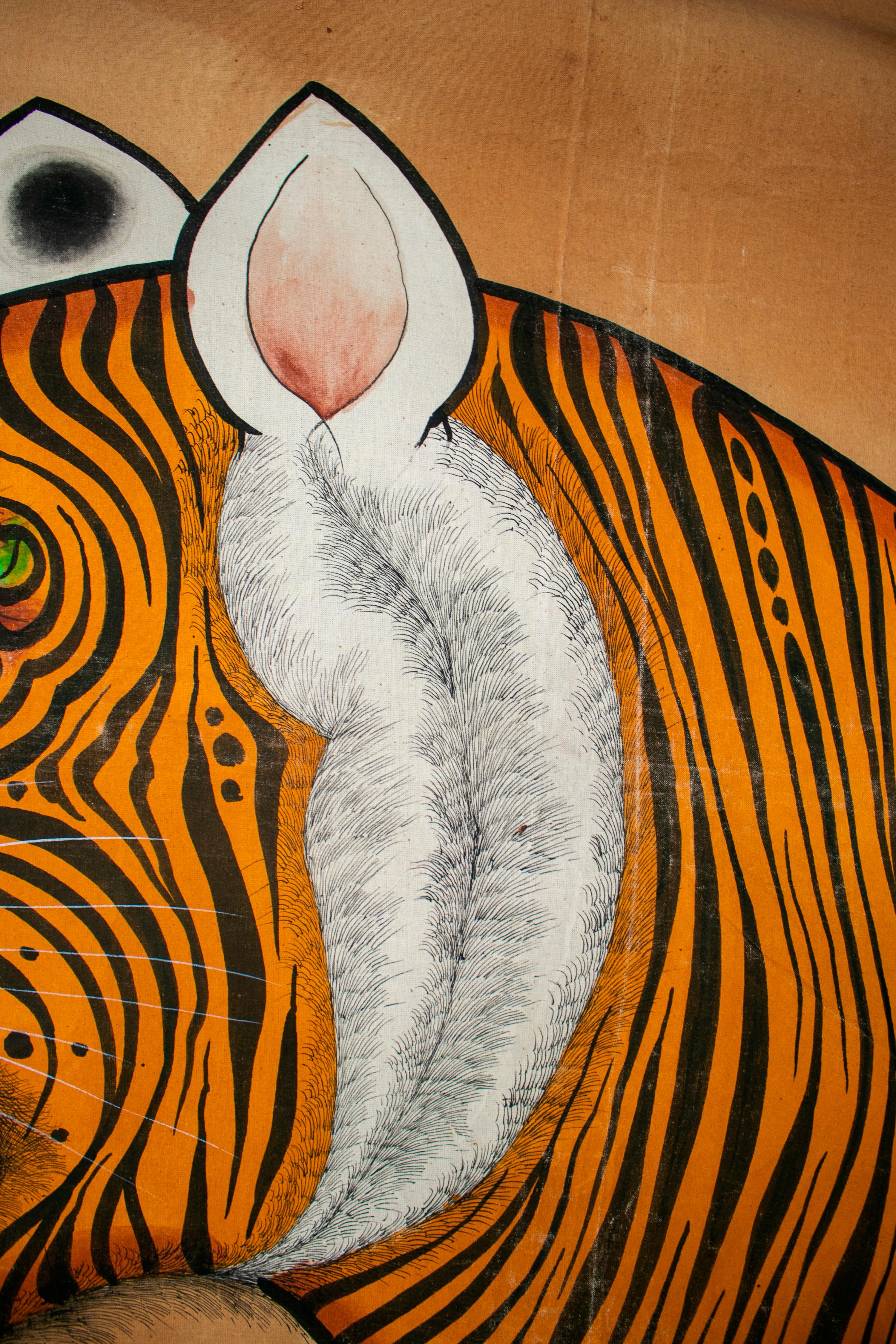 Indian 1970s Jaime Parlade Designer Huge Hand Drawn Tiger on Canvas