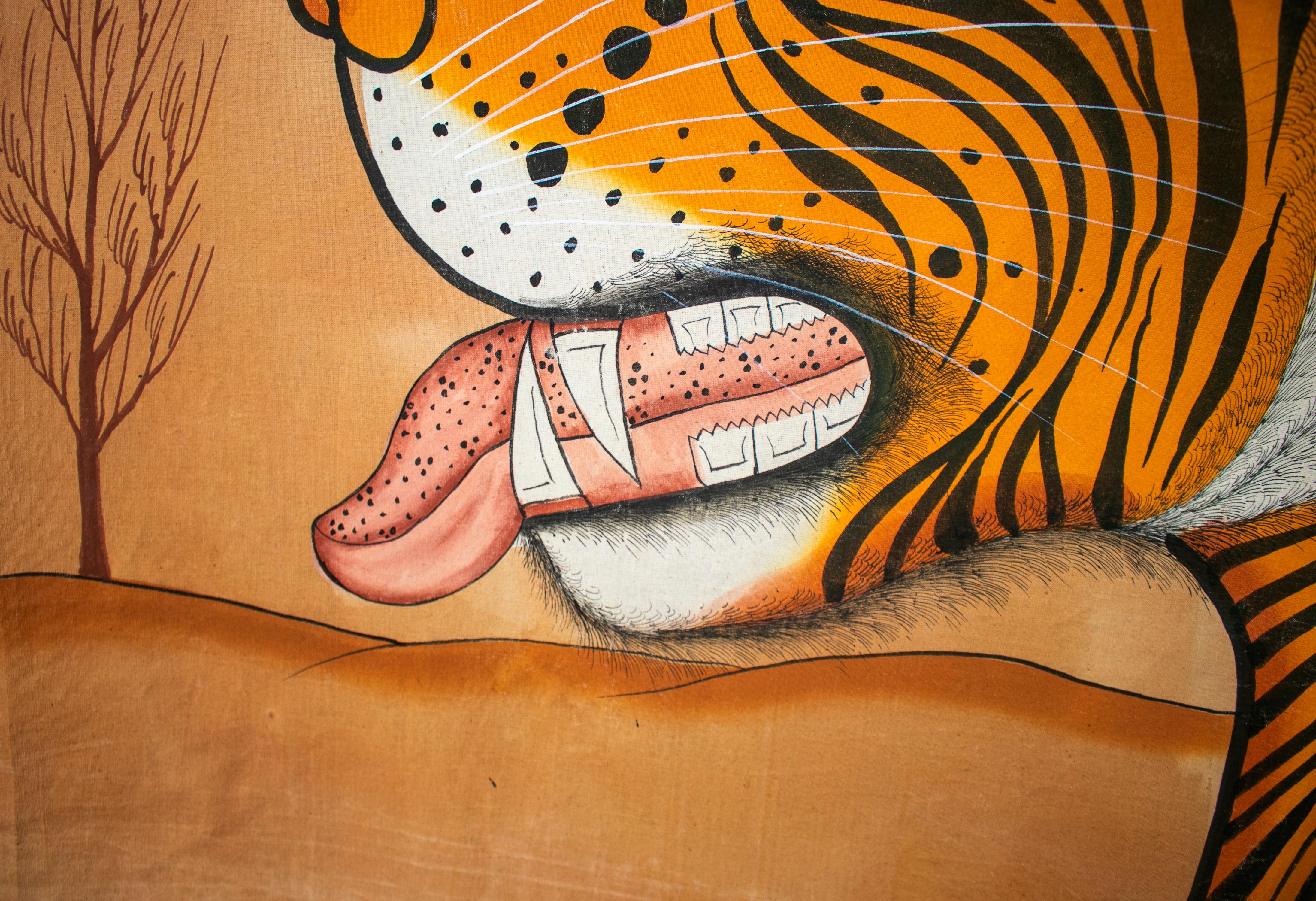 Hand-Painted 1970s Jaime Parlade Designer Huge Hand Drawn Tiger on Canvas