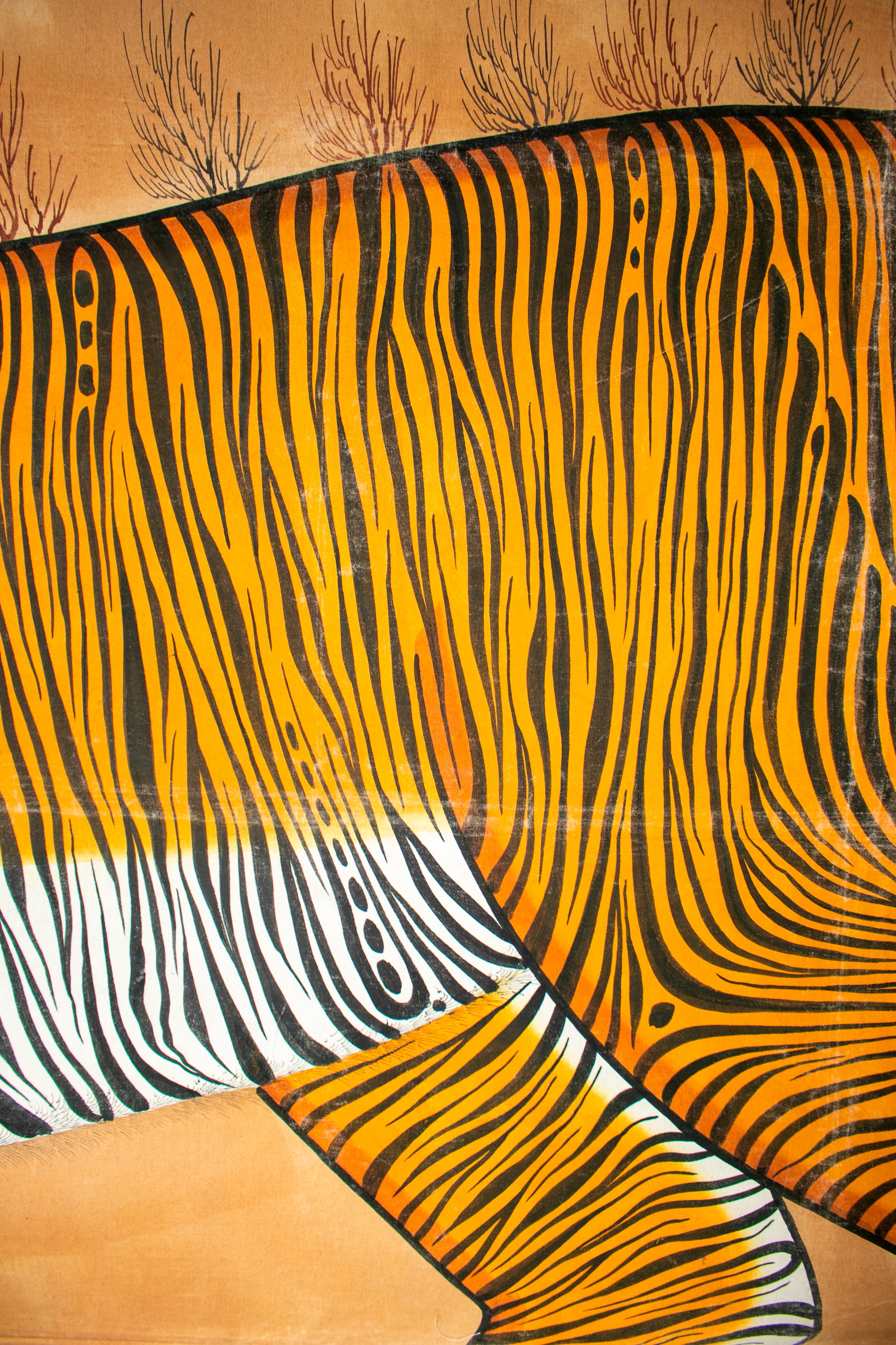 1970s Jaime Parlade Designer Huge Hand Drawn Tiger on Canvas 1