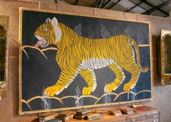 1970s Jaime Parlade School Tiger Painting framed in Bambu