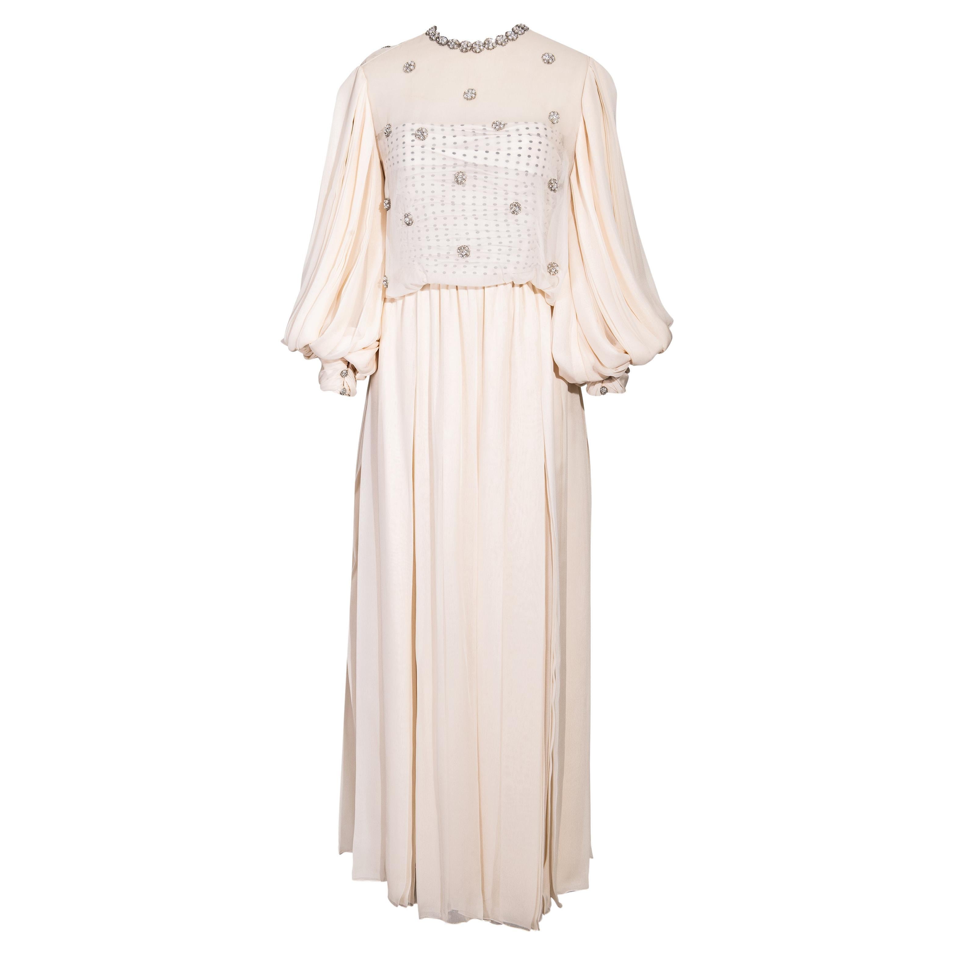 1970's James Galanos Couture Ecru Pleated Gown with Polka Dot Interior Bustier For Sale