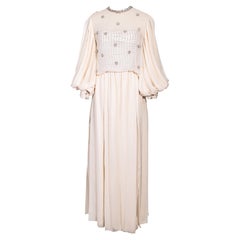 Retro 1970's James Galanos Couture Ecru Pleated Gown with Polka Dot Interior Bustier