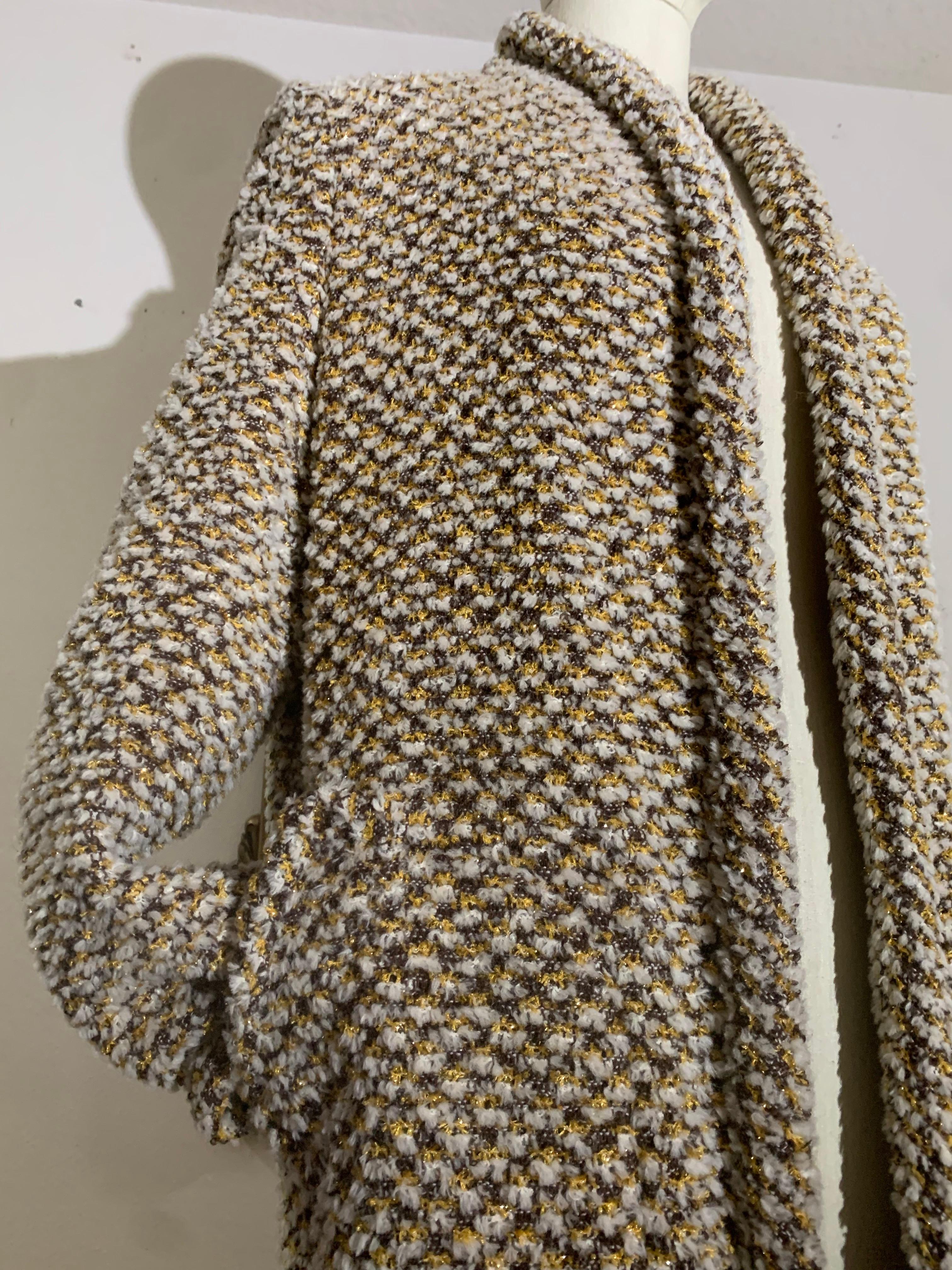 1970s James Galanos Couture Fantasy Chenille Knit Cardigan Jacket w Gold Metallic Yarn: Double-faced cozy cool-weather jacket in a wool/cashmere chenille knit with a lustrous gold yarn for a extra twinkle. Side pockets with padded placket. Neckline