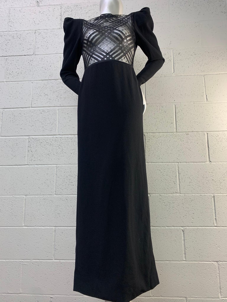 1970s James Galanos Daring-As-You-Want-To-Be Black Wool Crepe Sheer Gown For Sale 6