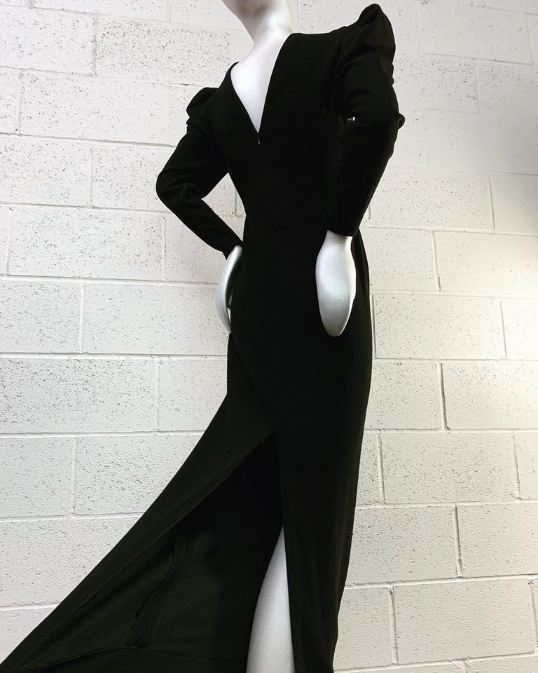 1970s James Galanos Daring-As-You-Want-To-Be Black Wool Crepe Sheer Gown For Sale 11