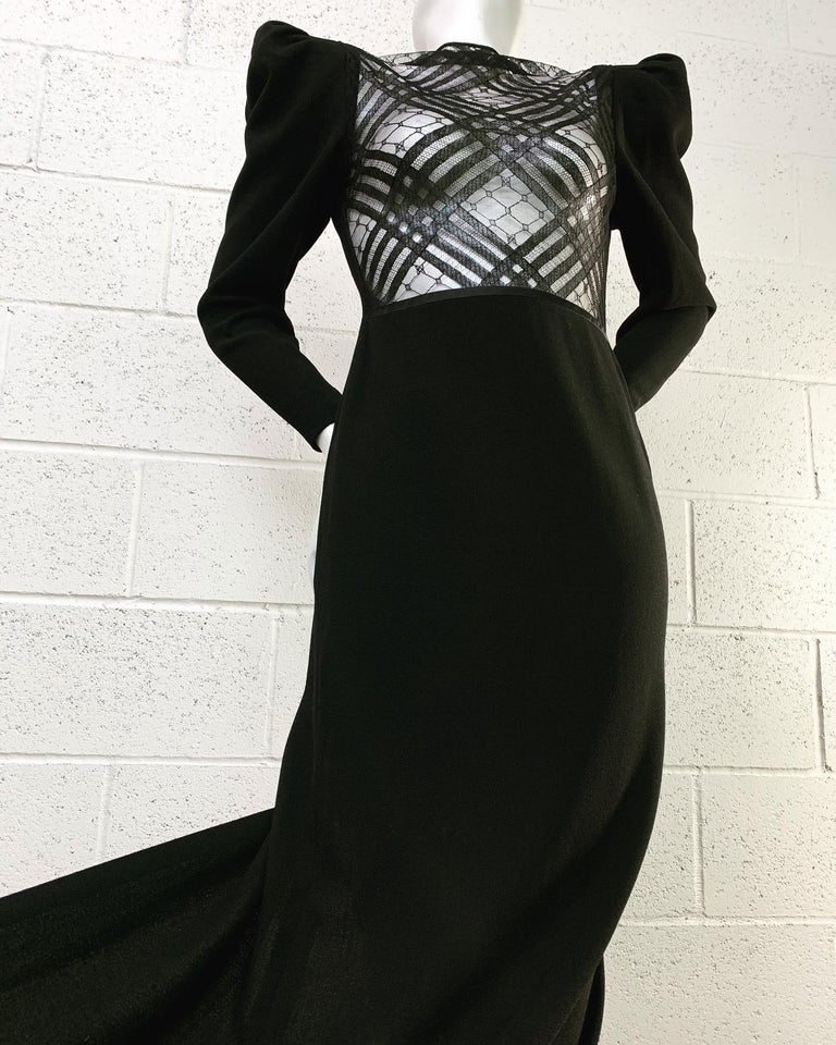 1970s James Galanos Daring-As-You-Want-To-Be Black Wool Crepe Sheer Gown For Sale 12