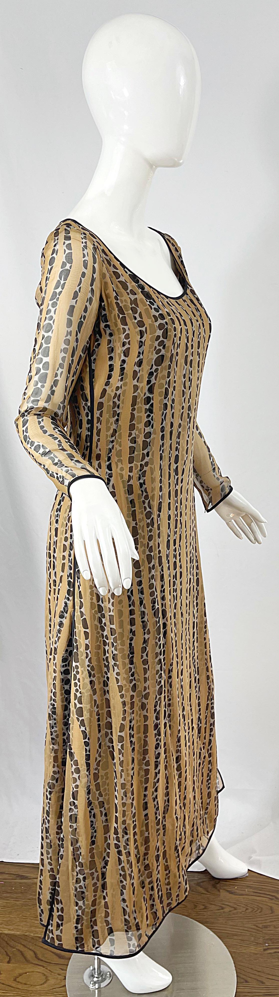 1970s James Galanos Nude + Black Op Art Polka Dot Vintage 70s Gown Maxi Dress For Sale 3