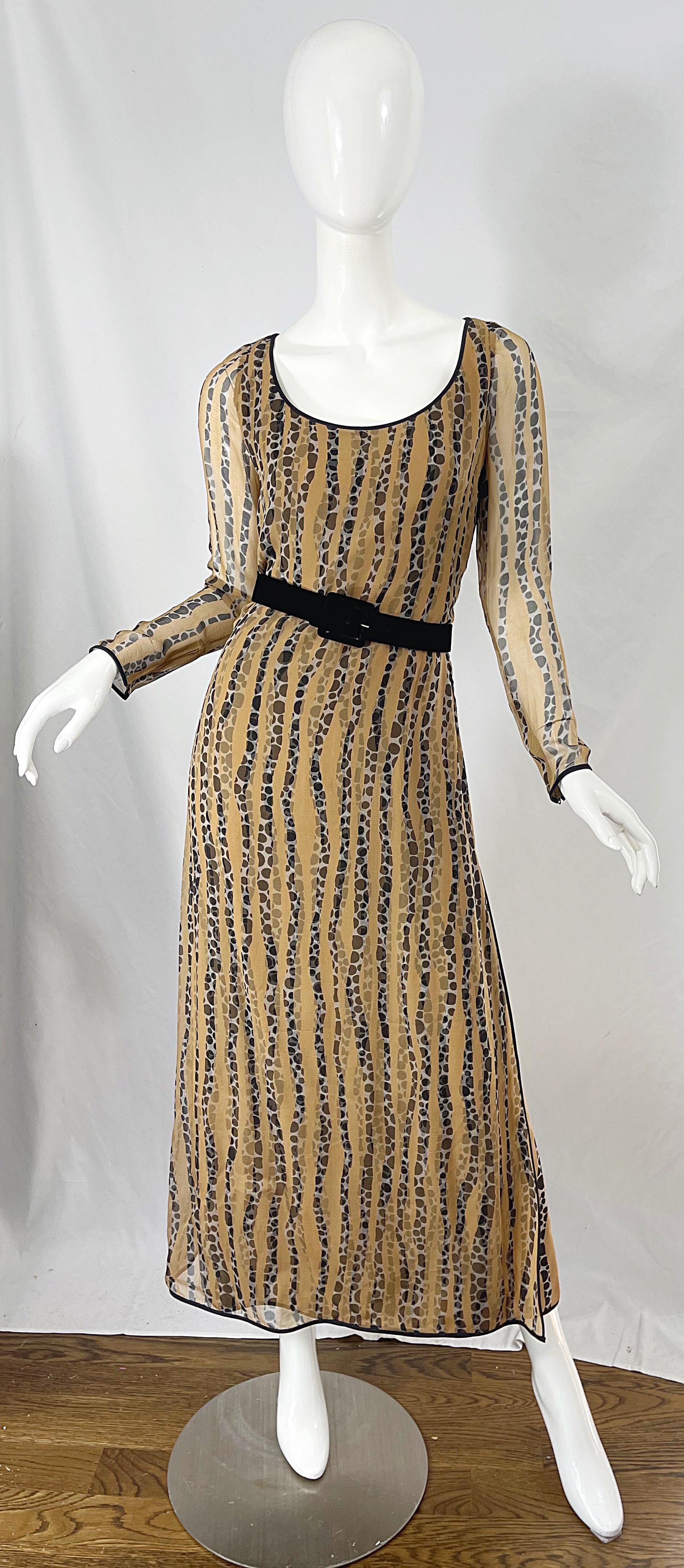 1970s James Galanos Nude + Black Op Art Polka Dot Vintage 70s Gown Maxi Dress For Sale 4