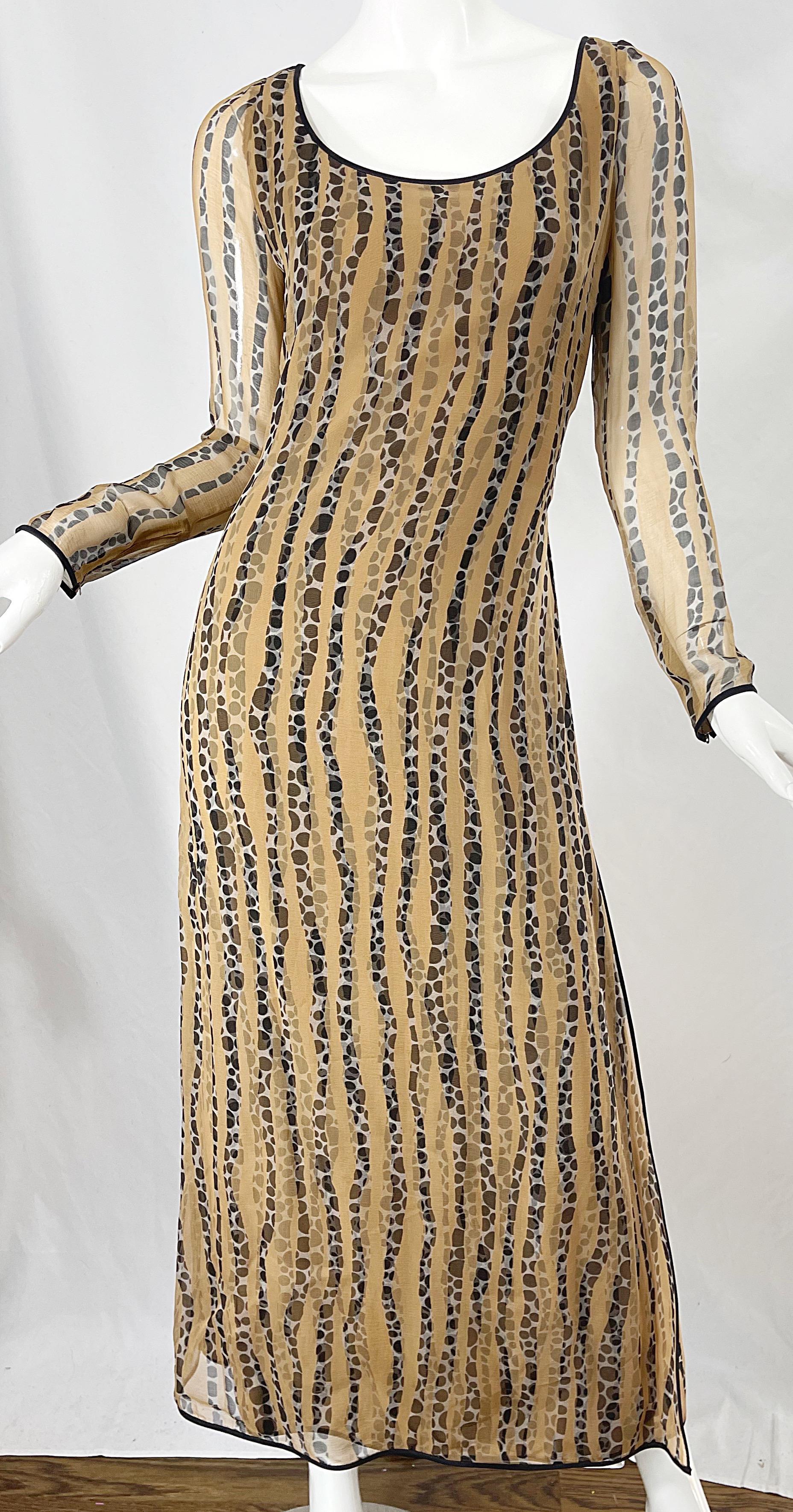 1970s James Galanos Nude + Black Op Art Polka Dot Vintage 70s Gown Maxi Dress For Sale 5