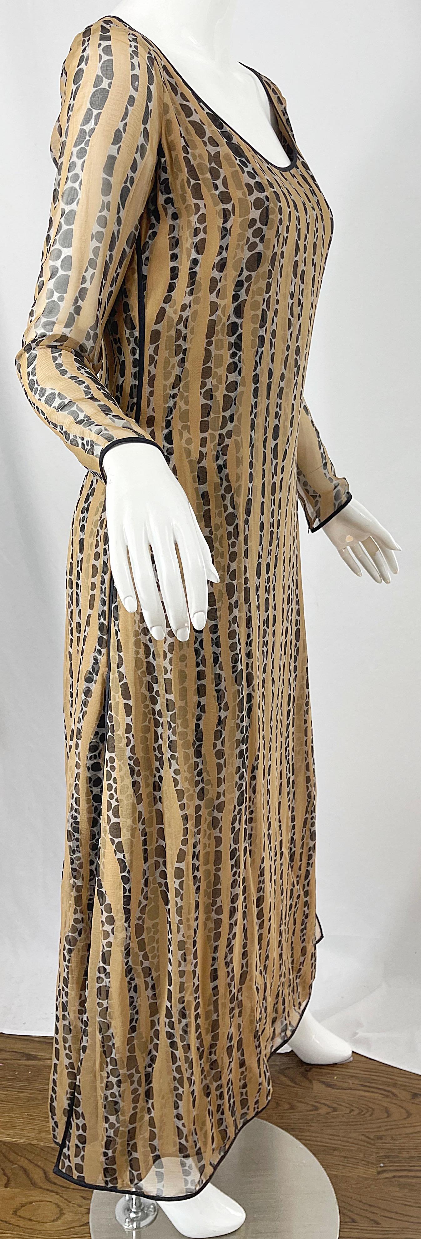 1970s James Galanos Nude + Black Op Art Polka Dot Vintage 70s Gown Maxi Dress For Sale 6