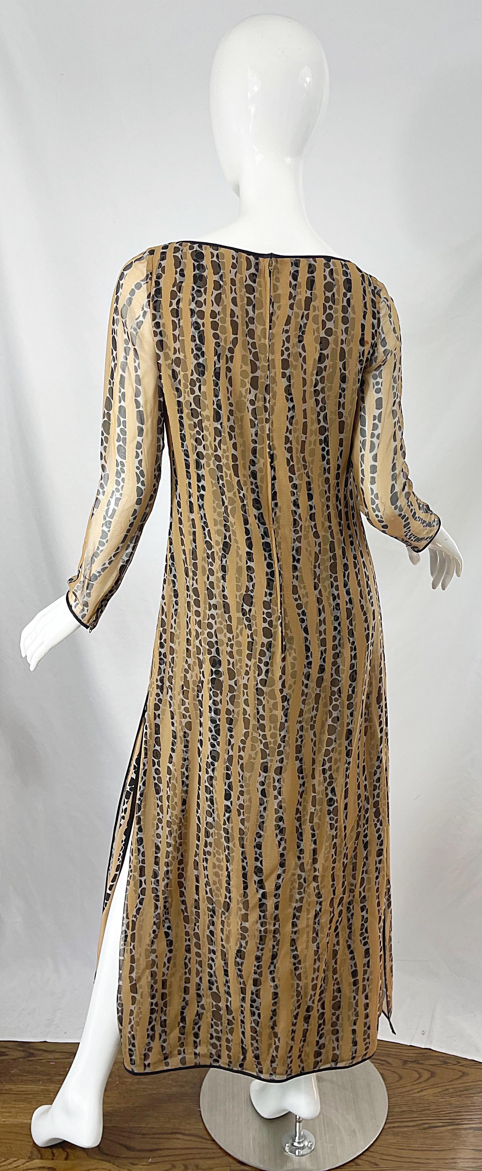 1970s James Galanos Nude + Black Op Art Polka Dot Vintage 70s Gown Maxi Dress For Sale 7