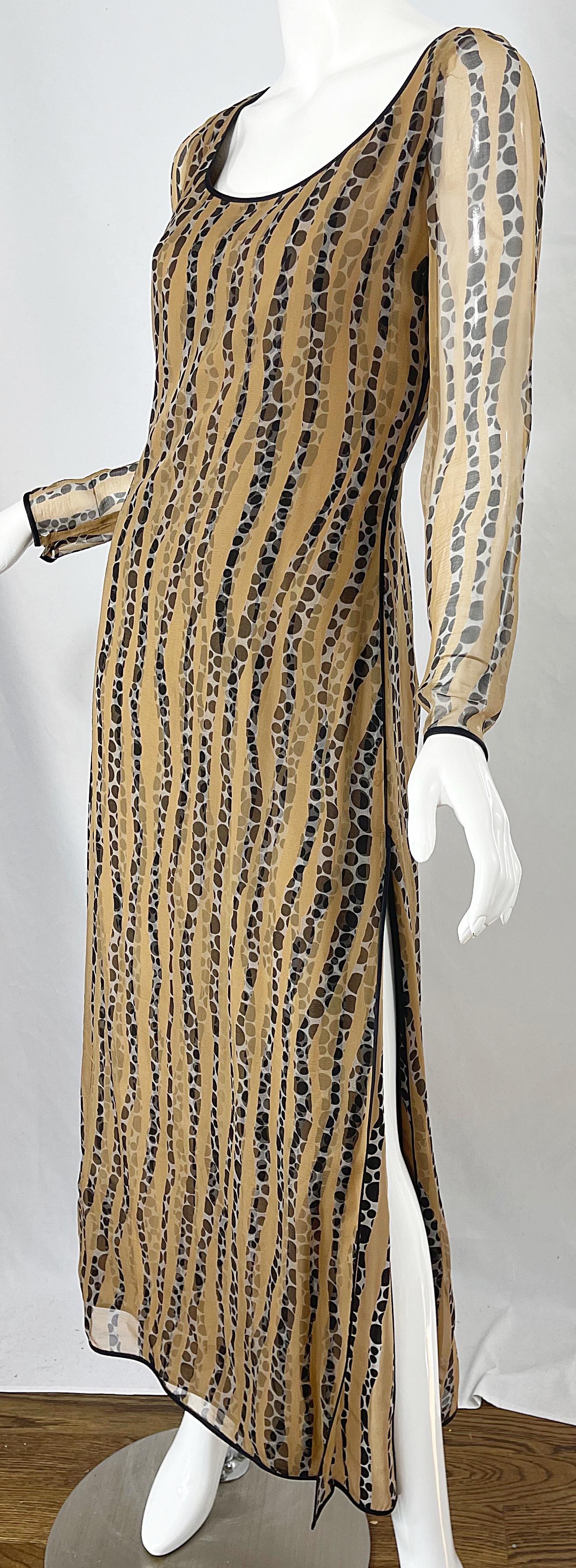 1970s James Galanos Nude + Black Op Art Polka Dot Vintage 70s Gown Maxi Dress For Sale 8