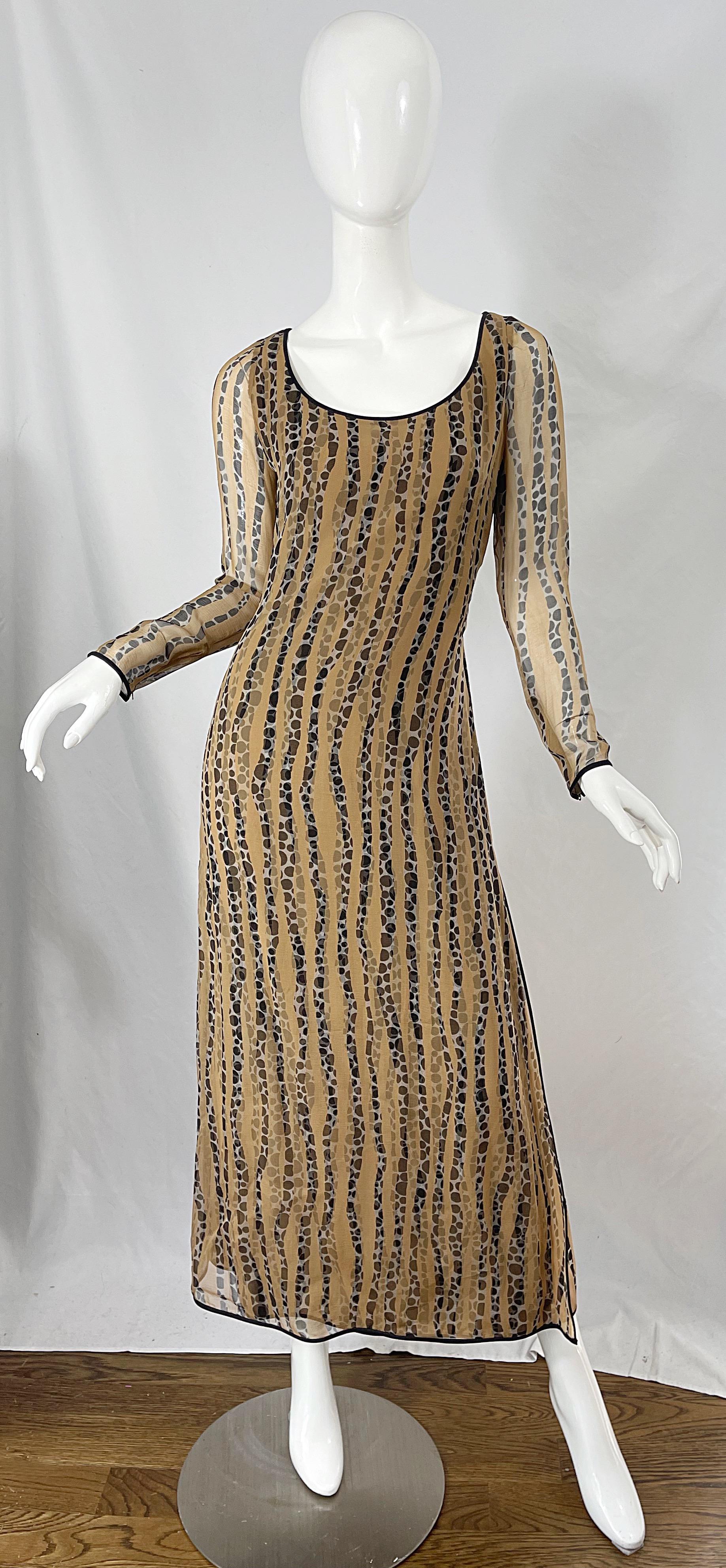 1970s James Galanos Nude + Black Op Art Polka Dot Vintage 70s Gown Maxi Dress For Sale 9