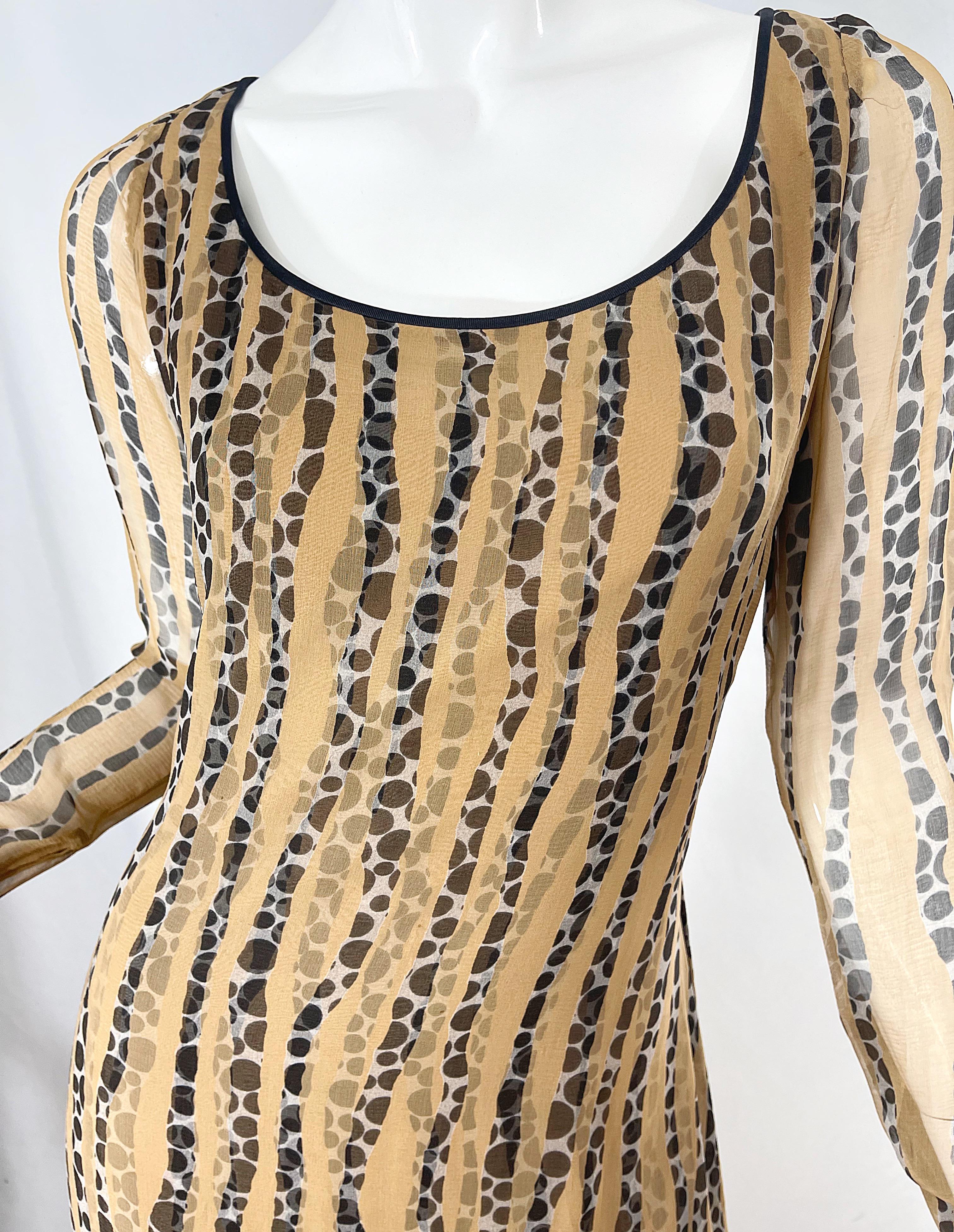 Brown 1970s James Galanos Nude + Black Op Art Polka Dot Vintage 70s Gown Maxi Dress For Sale