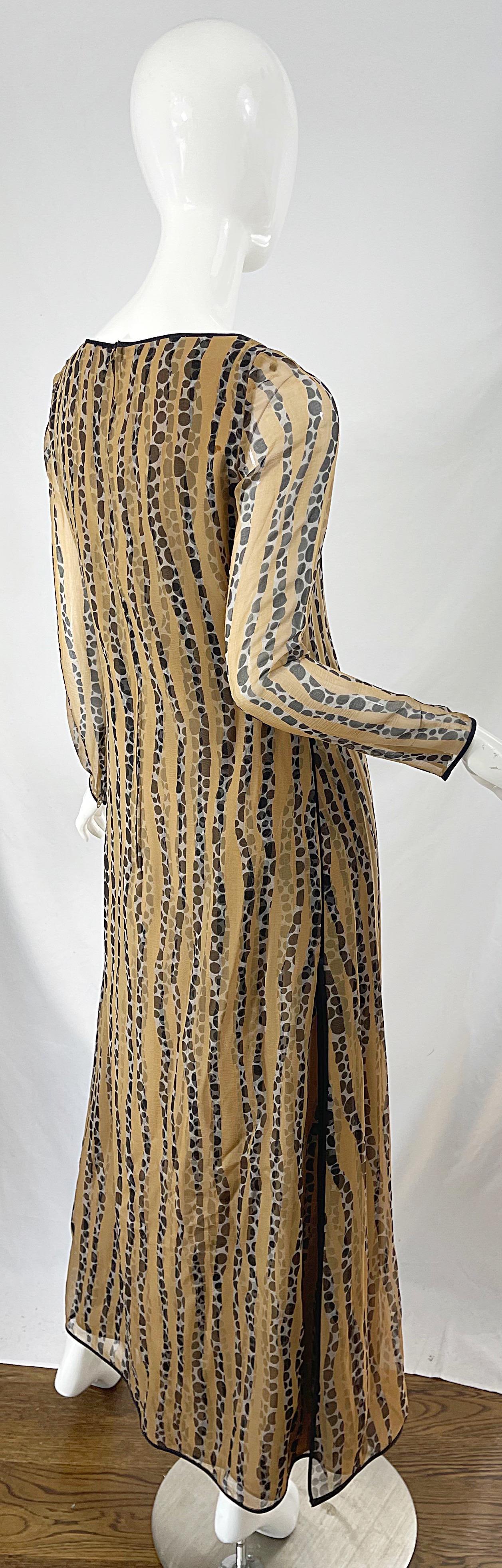 Women's 1970s James Galanos Nude + Black Op Art Polka Dot Vintage 70s Gown Maxi Dress For Sale