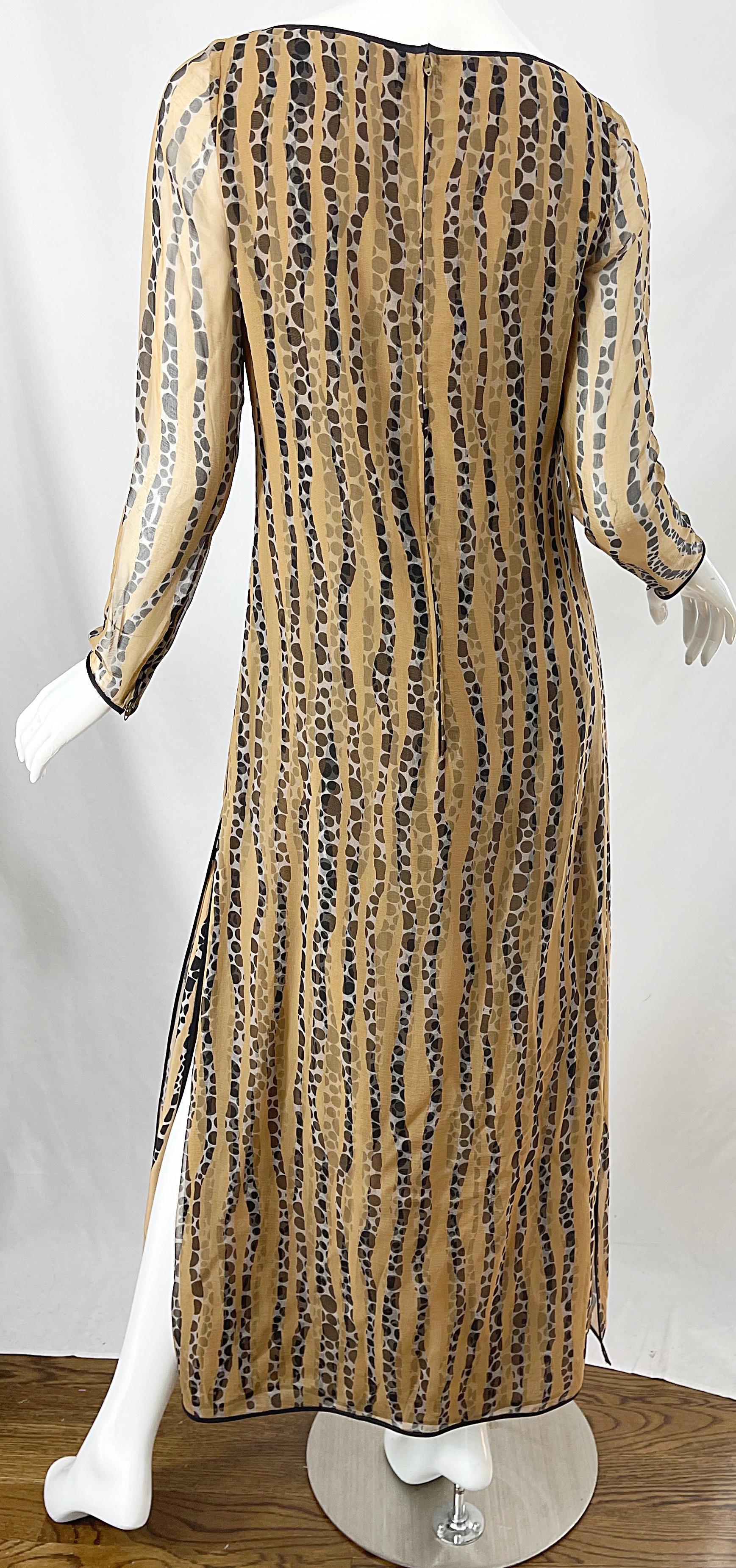 1970s James Galanos Nude + Black Op Art Polka Dot Vintage 70s Gown Maxi Dress For Sale 1