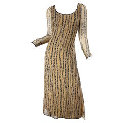 1970er James Galanos Nude + Schwarz Op Art Polka Dot Vintage 70er Jahre Kleid Maxikleid