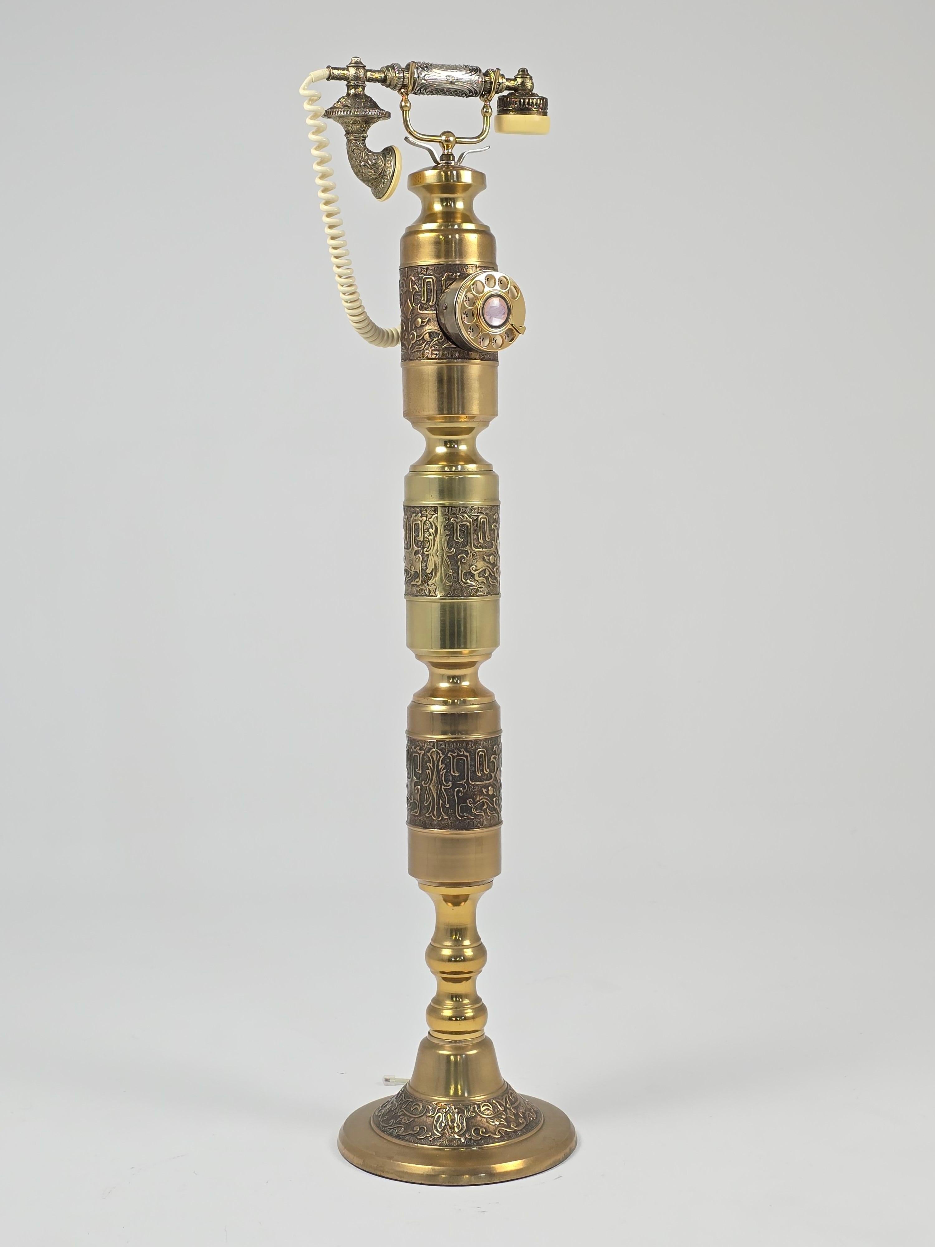 American 1970s James Mont Style Thick Brass Tall Standing Rotary Phone For Sale