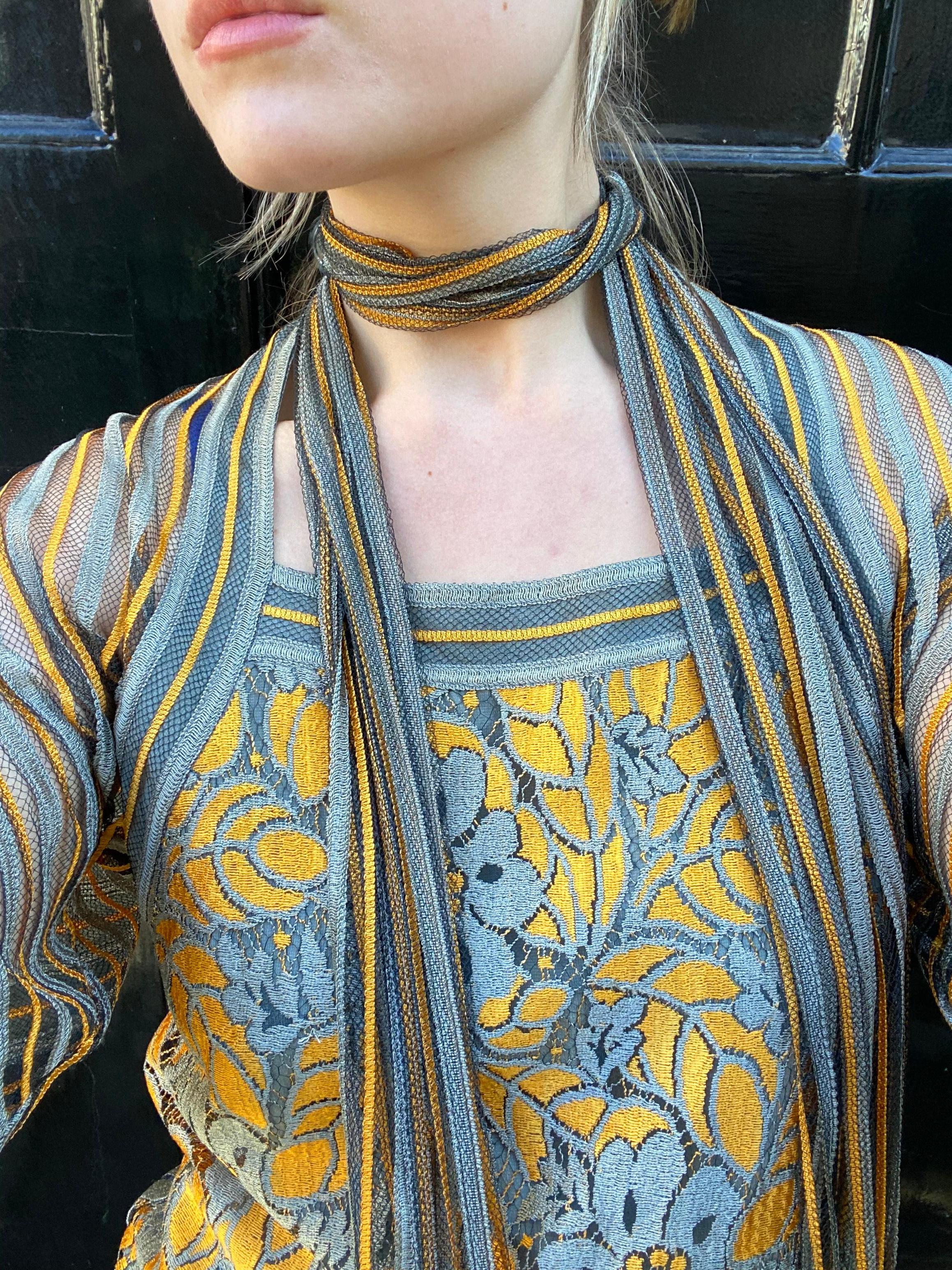 1970s Janice Wainwright Grey and Gold Flapper Style Dress For Sale 2
