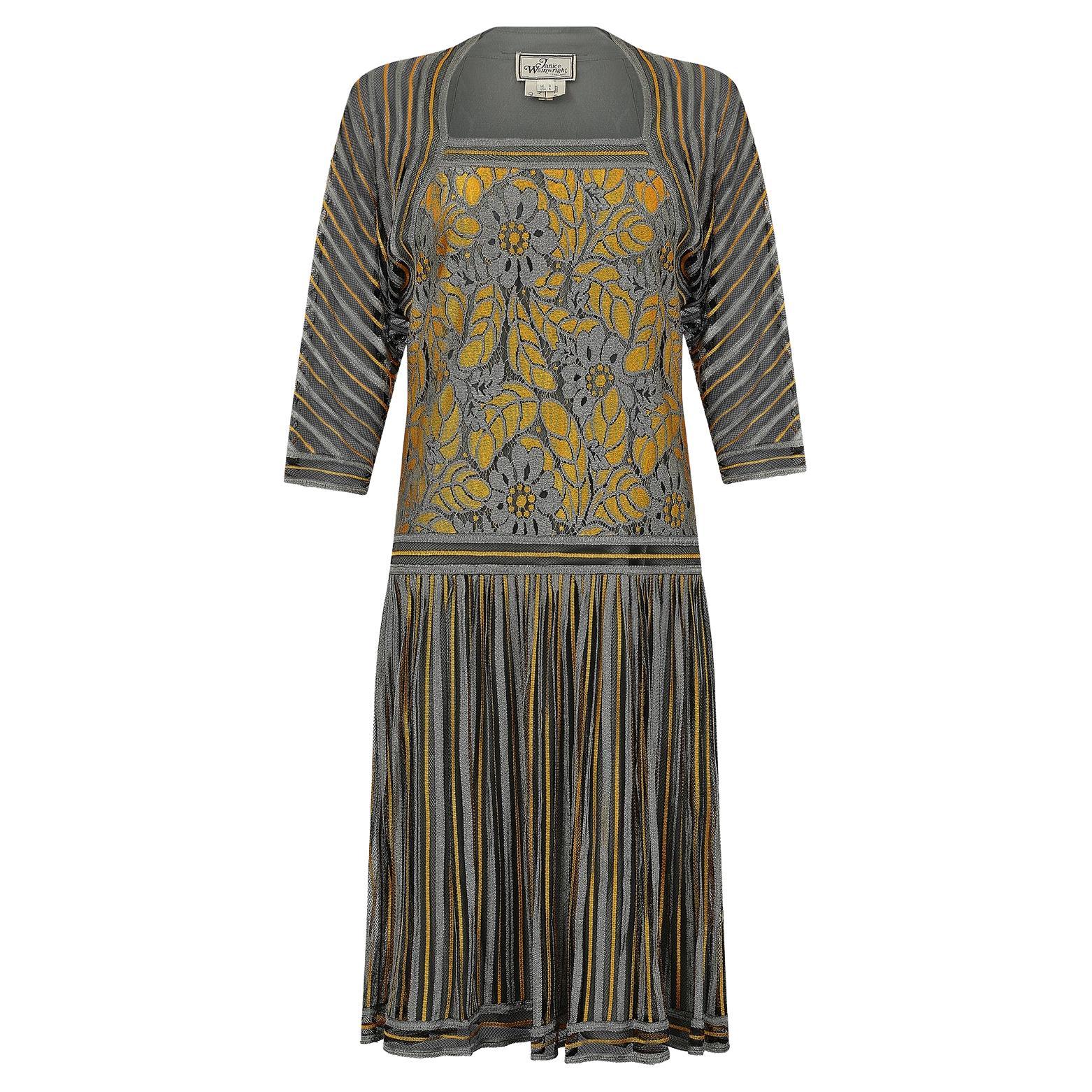 1970er Janice Wainwright Graues und goldenes Kleid im Flapper-Stil im Angebot