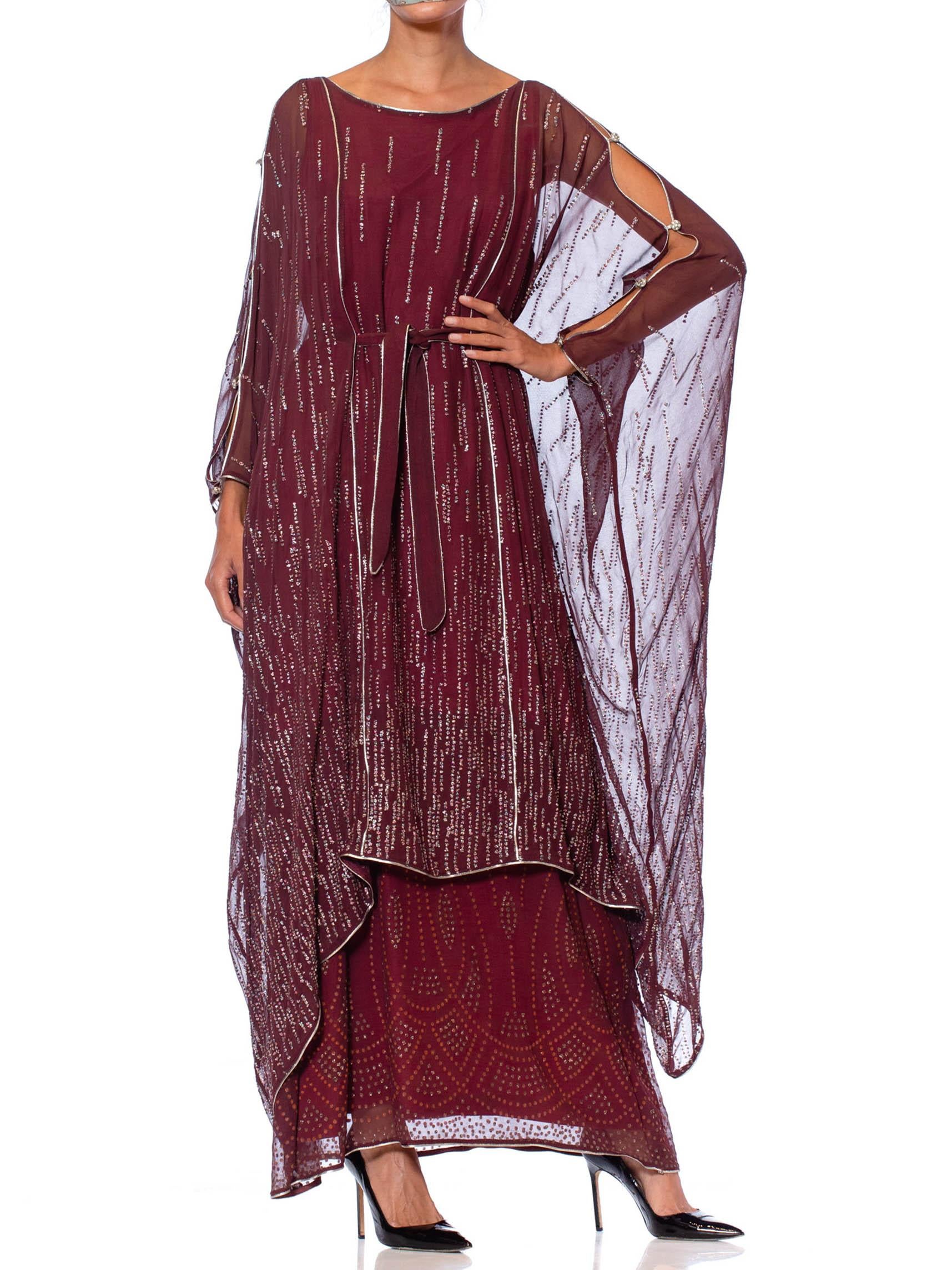 Brown 1970S JANICE WAINWRIGHT Maroon Rayon Chiffon Goddess Sleeve Kaftan Style Gown W For Sale
