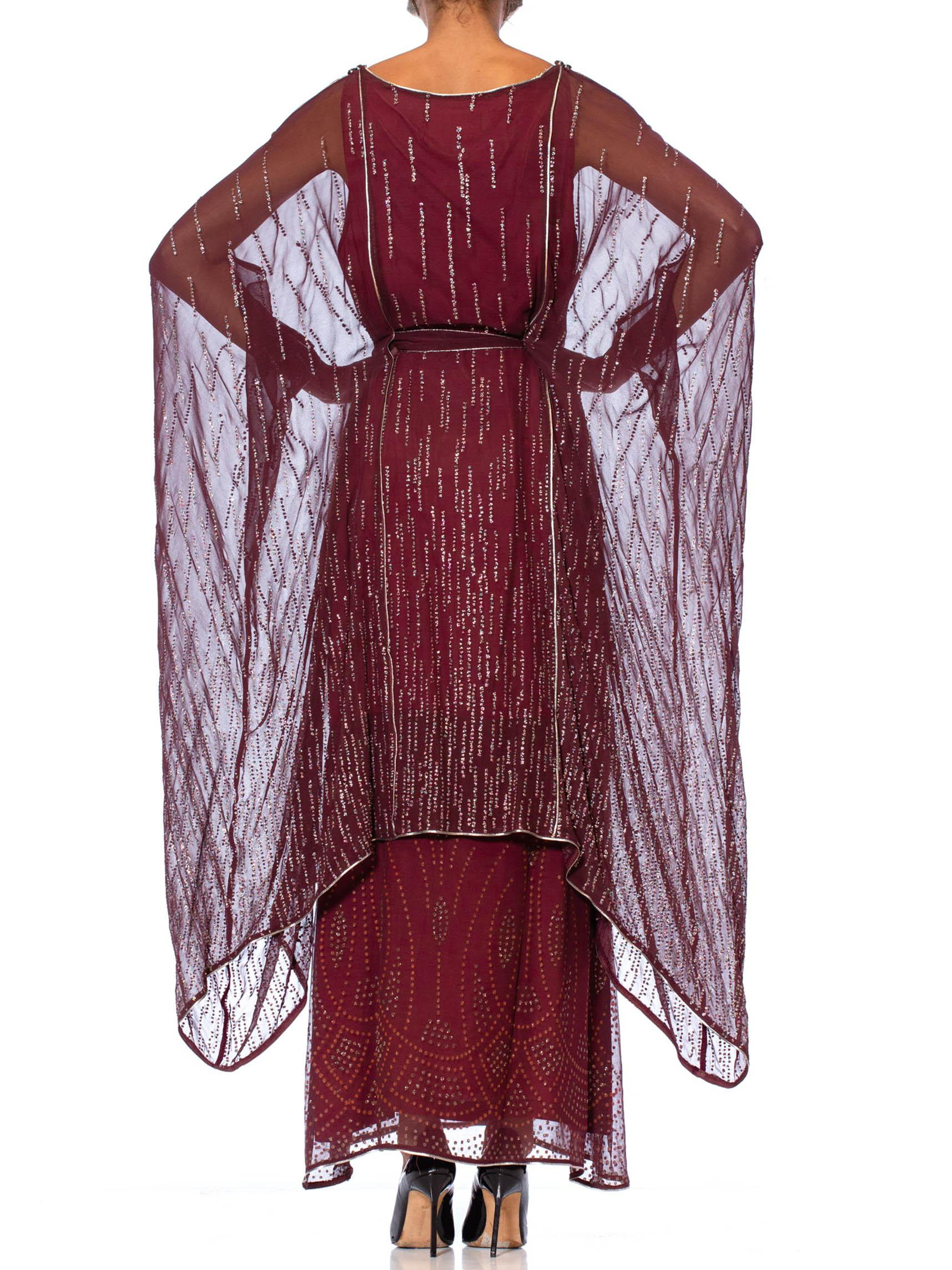 1970S JANICE WAINWRIGHT Maroon Rayon Chiffon Goddess Sleeve Kaftan Style Gown W In Excellent Condition For Sale In New York, NY
