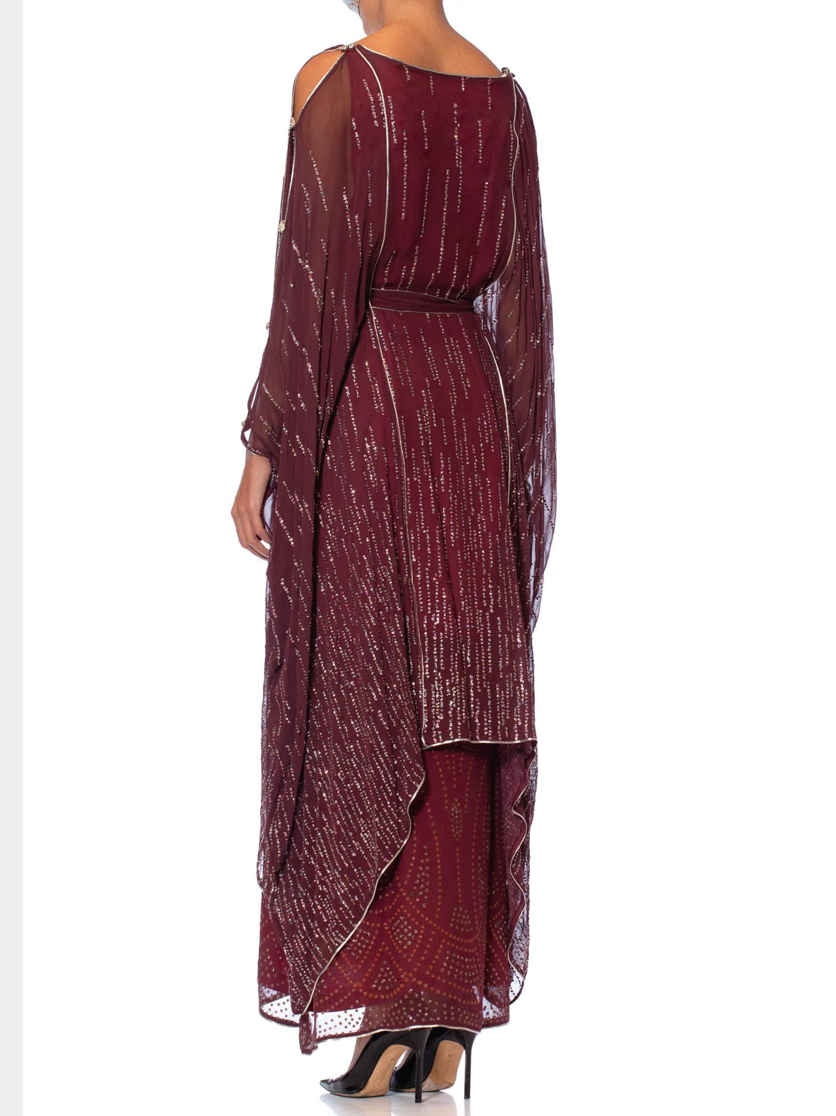 Women's 1970S JANICE WAINWRIGHT Maroon Rayon Chiffon Goddess Sleeve Kaftan Style Gown W For Sale