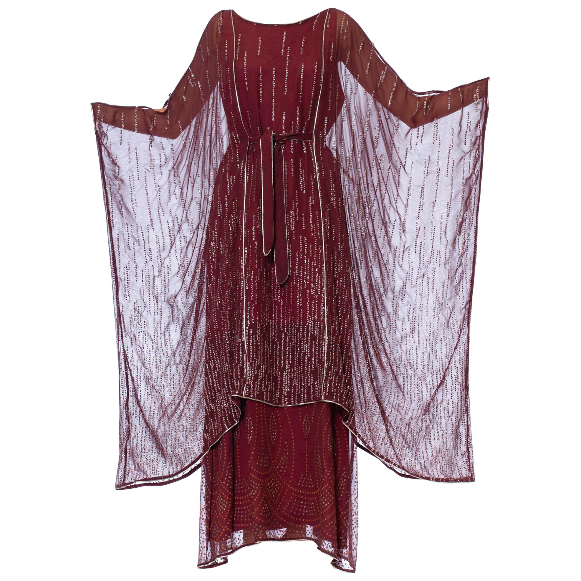 1970S JANICE WAINWRIGHT Maroon Rayon Chiffon Goddess Sleeve Kaftan Style Gown W