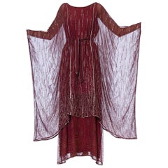 1970S JANICE WAINWRIGHT Abito stile Kaftano con maniche da dea in chiffon marrone Rayon W