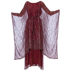 Retro 1970S JANICE WAINWRIGHT Maroon Rayon Chiffon Goddess Sleeve Kaftan Style Gown W