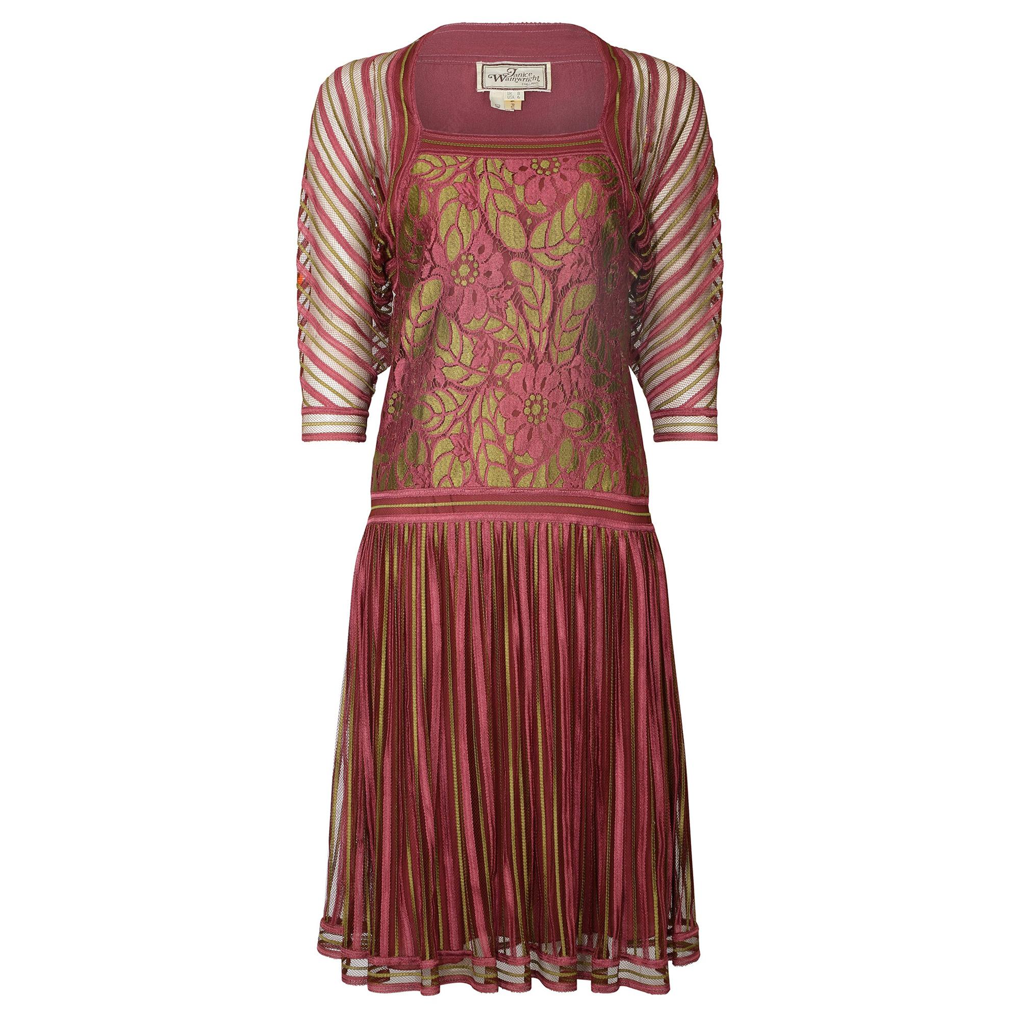  1970s Janice Wainwright Pink and Gold 1920s Style Flapper Dress