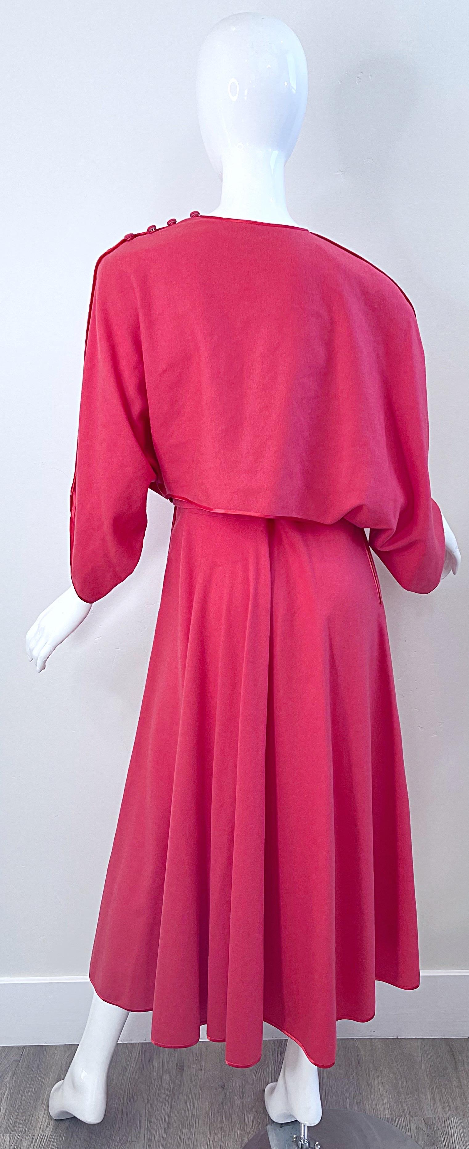 1970s Janice Wainwright Raspberry Pink Belted Vintage 70s Wool Midi Dress  For Sale 9