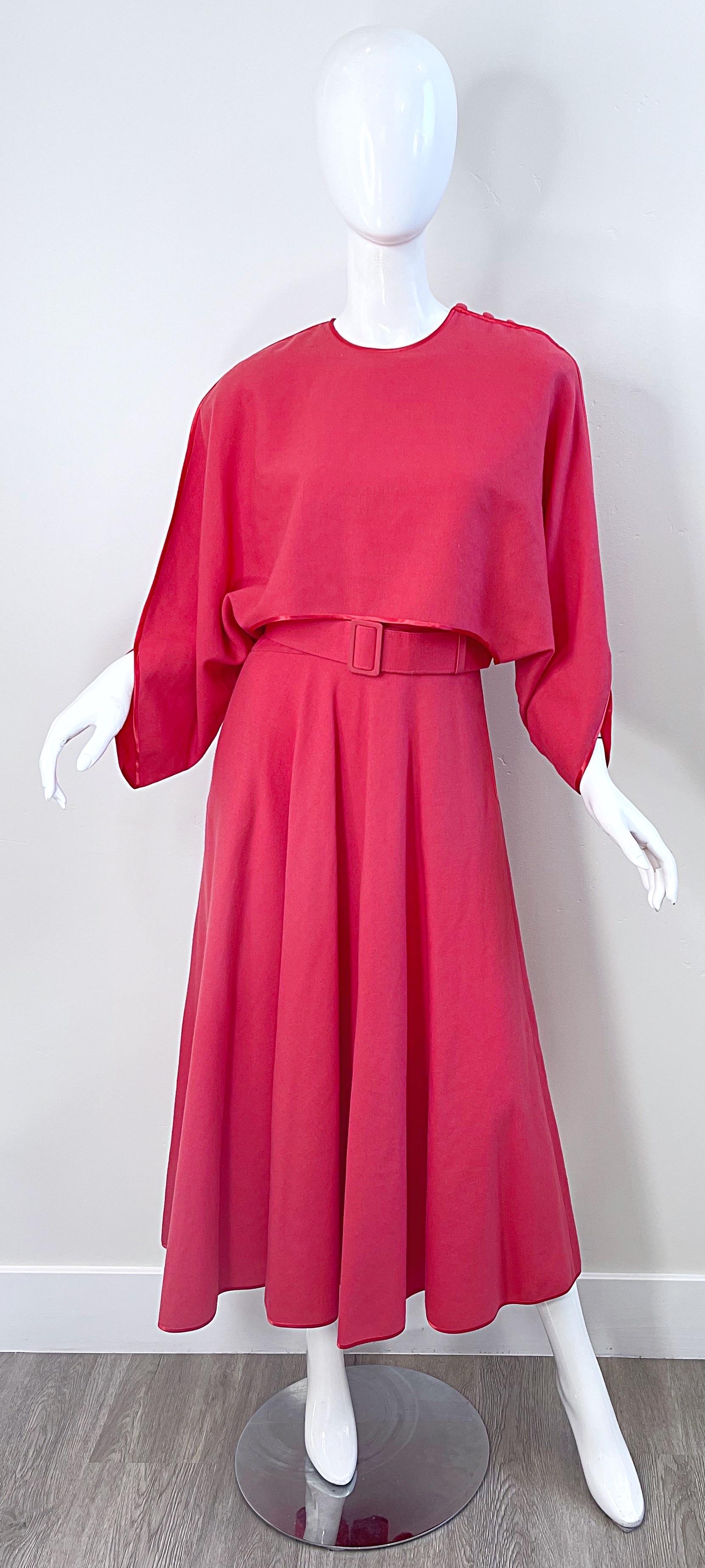 1970s Janice Wainwright Raspberry Pink Belted Vintage 70s Wool Midi Dress  For Sale 10