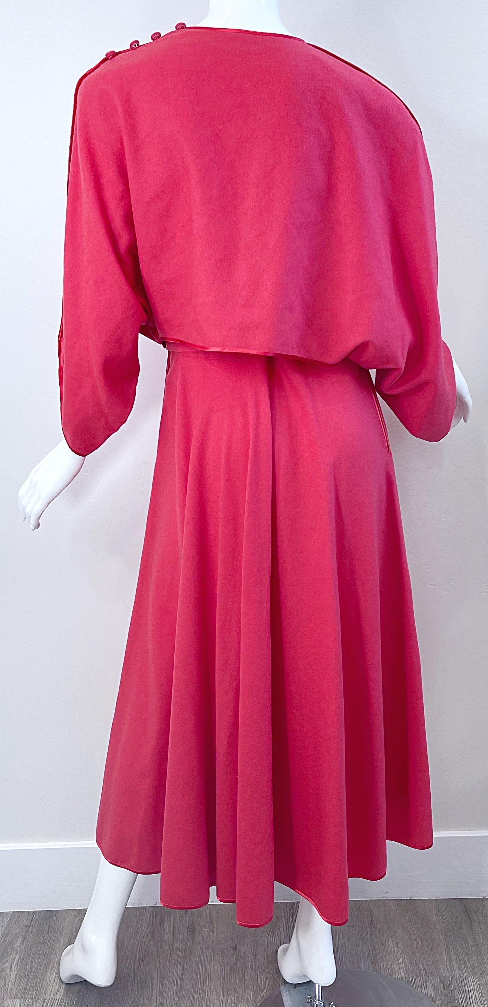 1970s Janice Wainwright Raspberry Pink Belted Vintage 70s Wool Midi Dress  For Sale 1