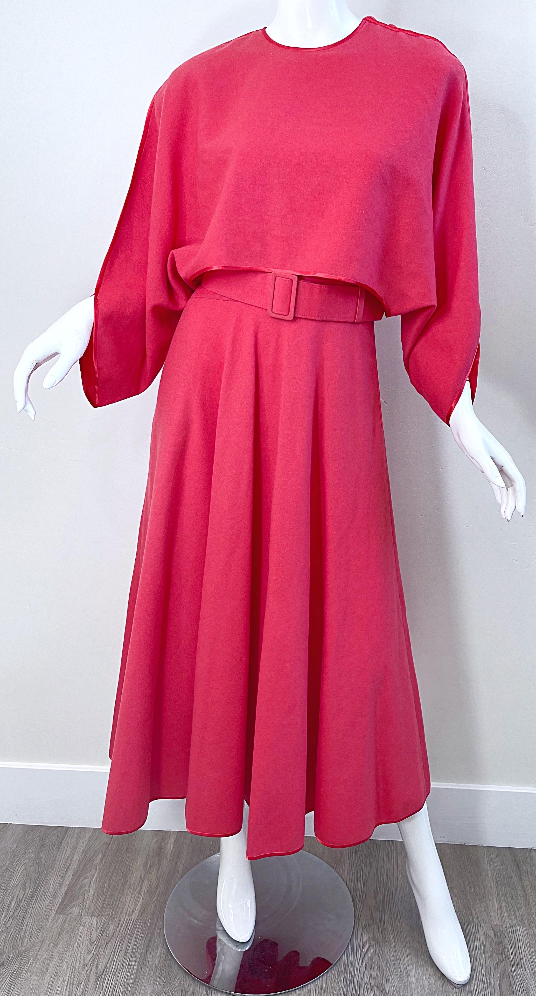 1970s Janice Wainwright Raspberry Pink Belted Vintage 70s Wool Midi Dress  For Sale 2