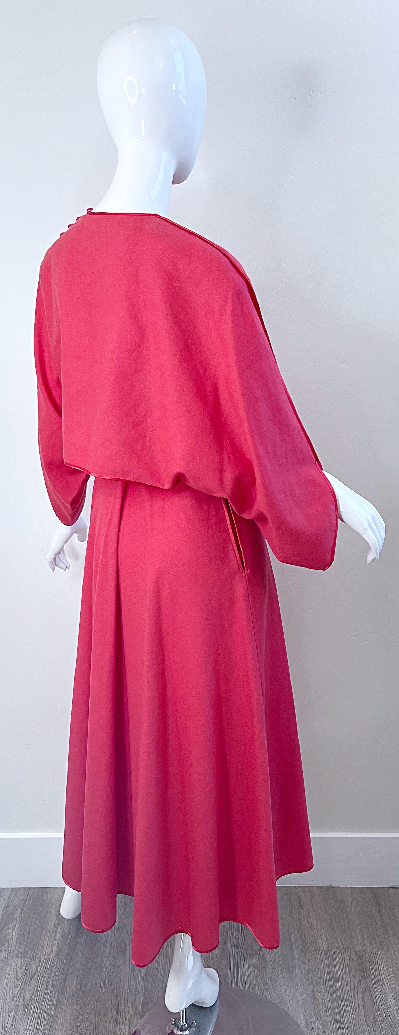 1970s Janice Wainwright Raspberry Pink Belted Vintage 70s Wool Midi Dress  For Sale 3