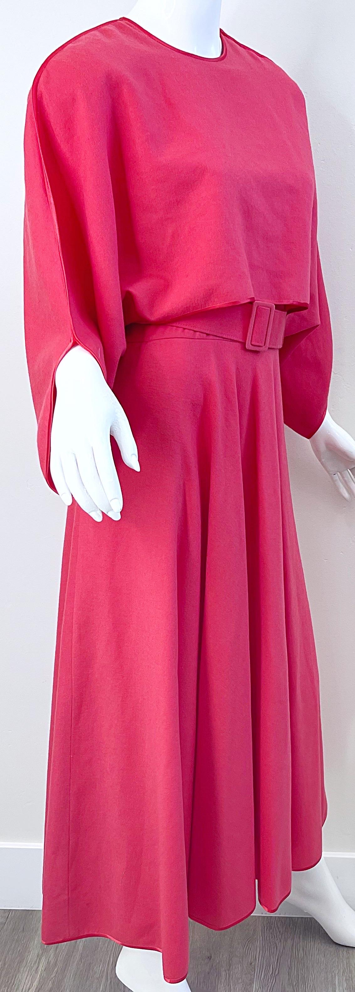 1970s Janice Wainwright Raspberry Pink Belted Vintage 70s Wool Midi Dress  For Sale 4