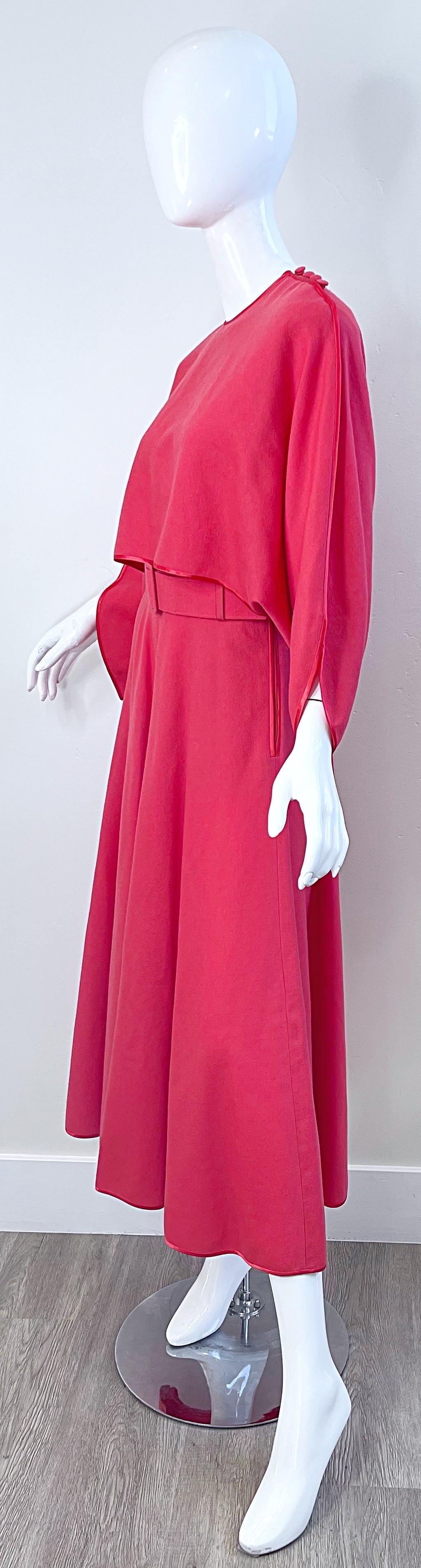 1970s Janice Wainwright Raspberry Pink Belted Vintage 70s Wool Midi Dress  For Sale 5