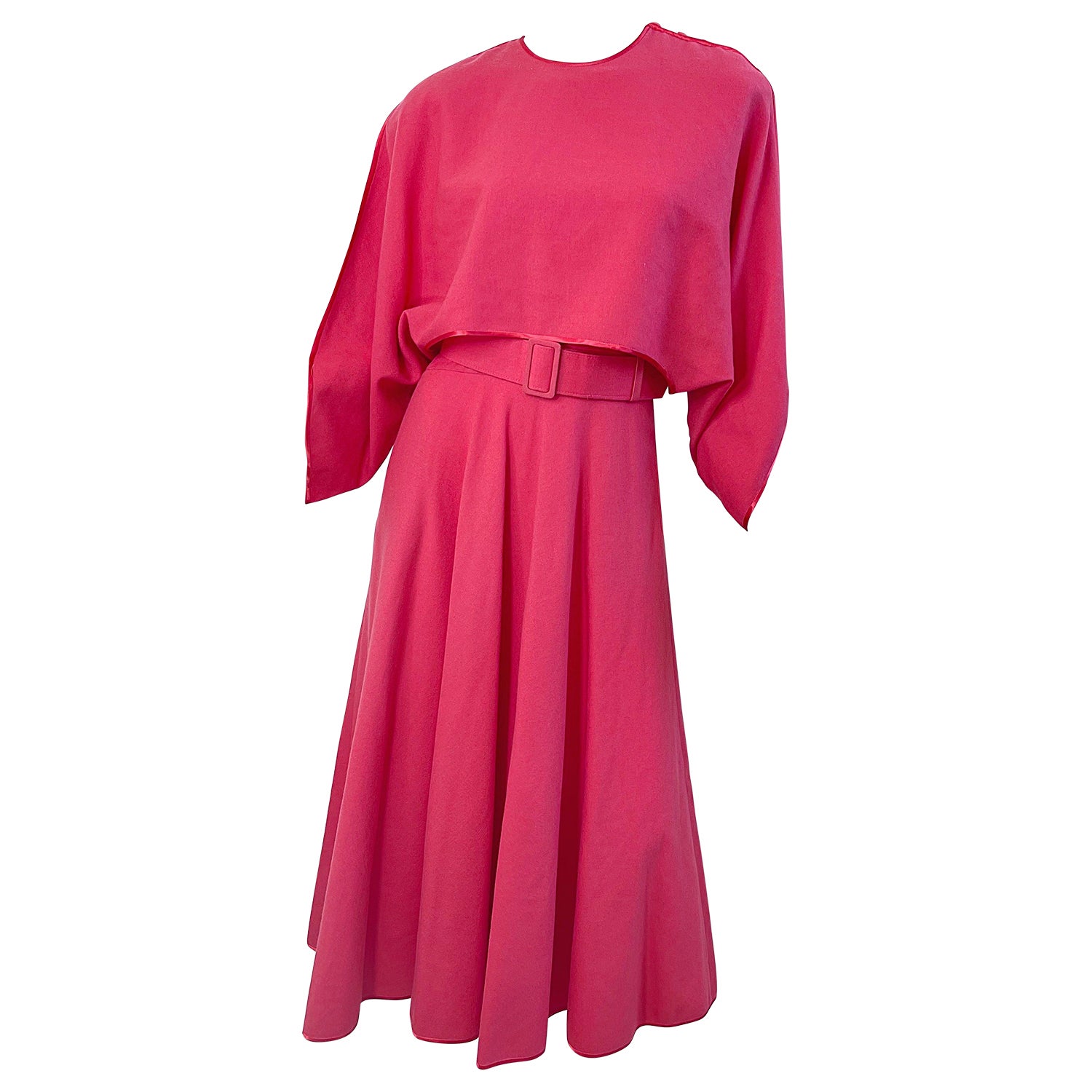 1970 Janice Wainwright, abito midi in lana vintage anni '70 con cintura rosa lampone