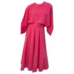 1970s Janice Wainwright Raspberry Pink Belted Vintage 70s Wool Midi Dress