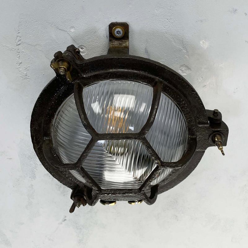 1970's Japanese Black Cast Iron Circular Wall Light Hexagon Cage & Reeded Glass For Sale 5