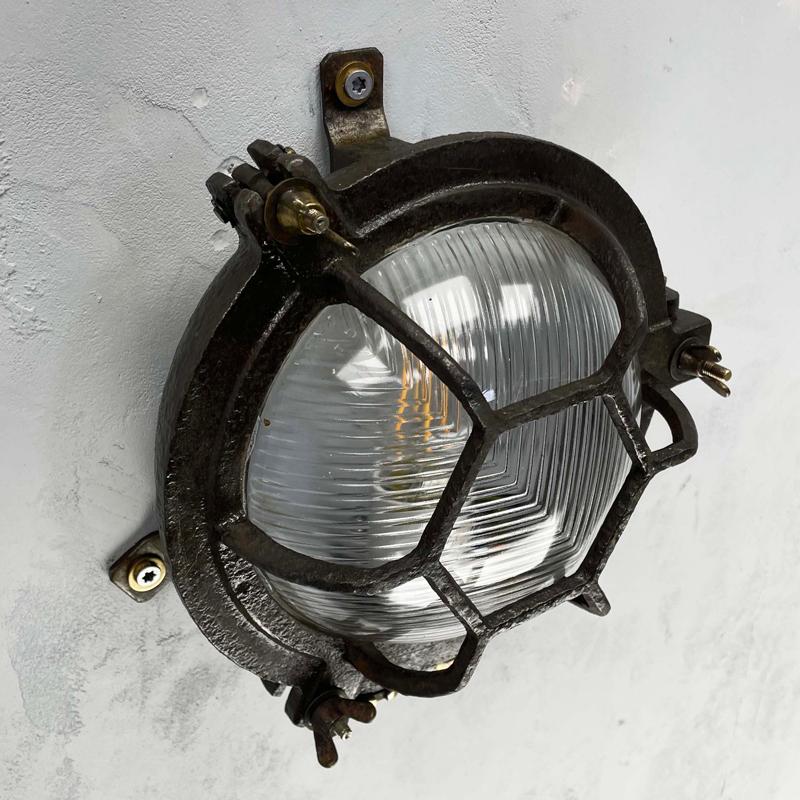 1970's Japanese Black Cast Iron Circular Wall Light Hexagon Cage & Reeded Glass For Sale 6