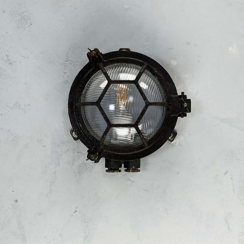 1970's Japanese Black Cast Iron Circular Wall Light Hexagon Cage & Reeded Glass For Sale 11